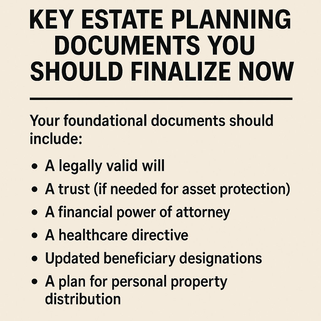 Key Estate Planning Documents You Should Finalize Now’ on a beige background. It lists essential documents in black text, including: a legally valid will, a trust if needed for asset protection, a financial power of attorney, a healthcare directive, updated beneficiary designations, and a plan for personal property distribution.