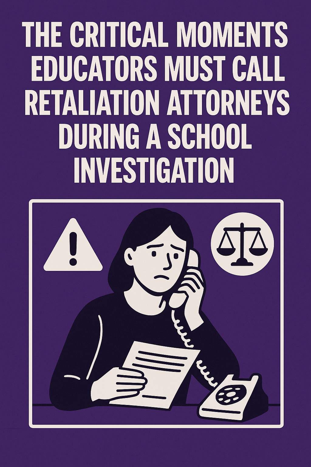 The Critical Moments Educators Must Call Retaliation Attorneys During a School Investigation.’ An illustrated educator looks concerned while holding paperwork and speaking on a phone, with warning and justice scale icons symbolizing legal risk and the need for attorney support during a school investigation.