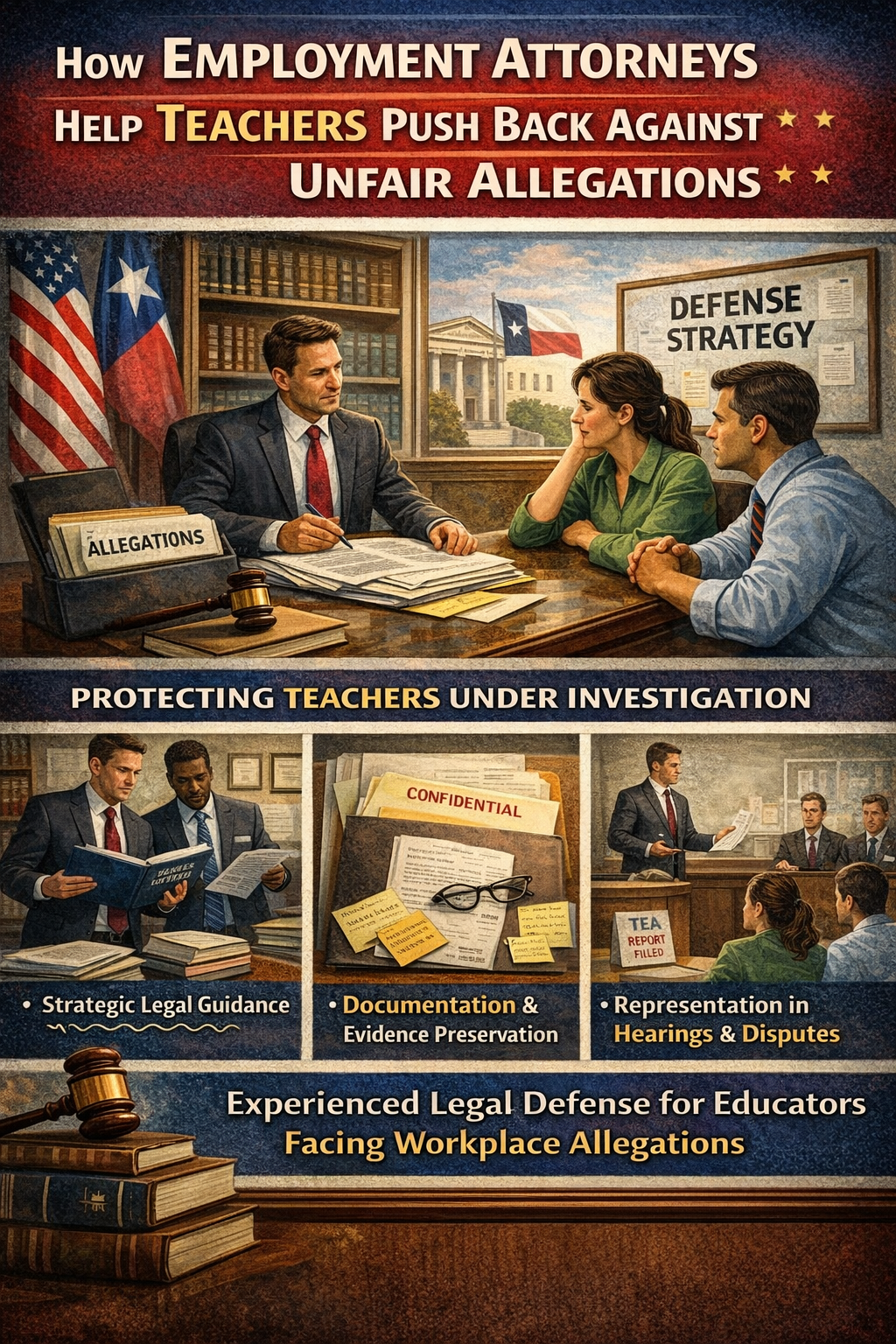 Illustrated infographic showing an employment attorney meeting with teachers accused of misconduct, with scenes highlighting legal strategy, evidence documentation, and representation in hearings, demonstrating how employment lawyers help teachers push back against unfair workplace allegations.