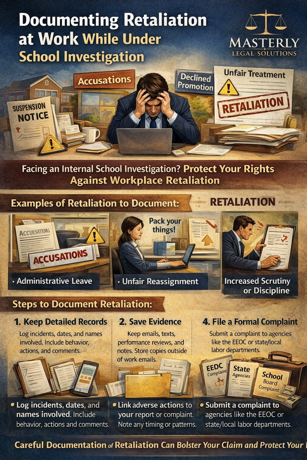 Documenting Retaliation at Work While Under School Investigation” by Masterly Legal Solutions. The image shows a stressed employee sitting at a desk with a laptop, surrounded by documents labeled “Suspension Notice,” “Accusations,” and “Retaliation.” A school building and city skyline appear in the background. Sections outline examples of retaliation such as administrative leave, unfair reassignment, declined promotion, increased scrutiny, reduced pay, and denial of benefits. The infographic also provides steps for documentation, including keeping detailed records of dates and names, saving emails and evidence, tracking timelines, and filing formal complaints with agencies like the EEOC or state departments. A closing banner emphasizes protecting your rights through careful documentation during a school investigation.