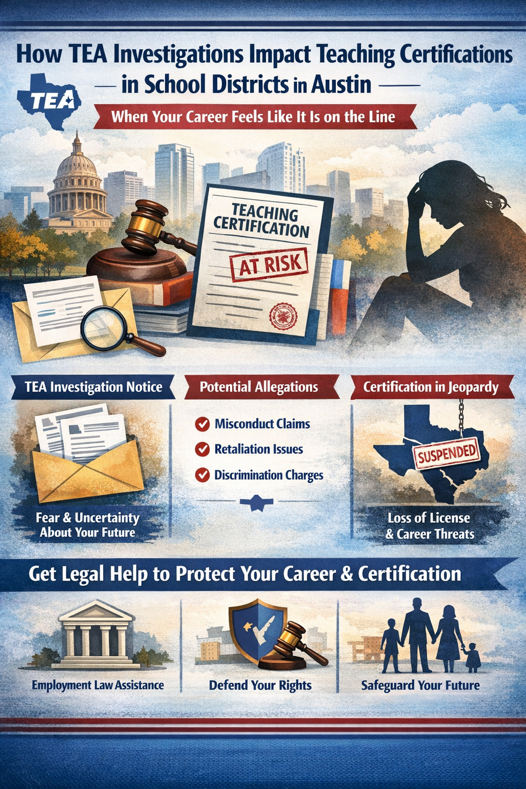 How TEA Investigations Impact Teaching Certifications in School Districts in Austin” with the subtitle “When Your Career Feels Like It Is on the Line.” The design features the Texas State Capitol and Austin skyline in the background. A large document labeled “Teaching Certification – At Risk” sits beside a gavel, legal papers, and a magnifying glass. A silhouette of a distressed teacher appears on the right.
Sections highlight: “TEA Investigation Notice” with an envelope and documents; “Potential Allegations” including misconduct claims, retaliation issues, and discrimination charges; and “Certification in Jeopardy” showing a Texas outline stamped “Suspended.” The bottom banner reads “Get Legal Help to Protect Your Career & Certification,” with icons representing employment law assistance, defending your rights, and safeguarding your future.