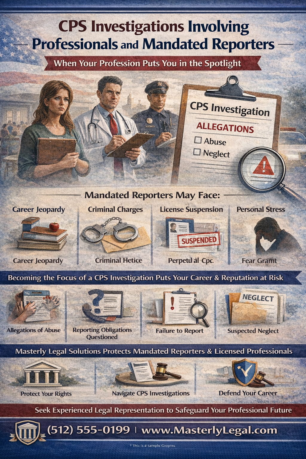 CPS Investigations Involving Professionals and Mandated Reporters” with the subtitle “When Your Profession Puts You in the Spotlight.” The design features a teacher, a doctor, and a police officer standing together, symbolizing licensed professionals under scrutiny. To the right, a clipboard labeled “CPS Investigation” lists allegations of abuse and neglect with a warning symbol.
A section labeled “Mandated Reporters May Face” highlights potential consequences, including career jeopardy (books and apple), criminal charges (handcuffs), license suspension (ID badge stamped “Suspended”), and personal stress (silhouette of a distressed person).
Another section explains risks such as allegations of abuse, reporting obligations questioned, failure to report, and suspected neglect, illustrated with documents and magnifying glass icons.
The footer reads “Masterly Legal Solutions Protects Mandated Reporters & Licensed Professionals,” with icons representing protecting your rights, navigating CPS investigations, and defending your career. A final banner encourages seeking experienced legal representation to safeguard your professional future, along with Masterly Legal Solutions branding and contact information.