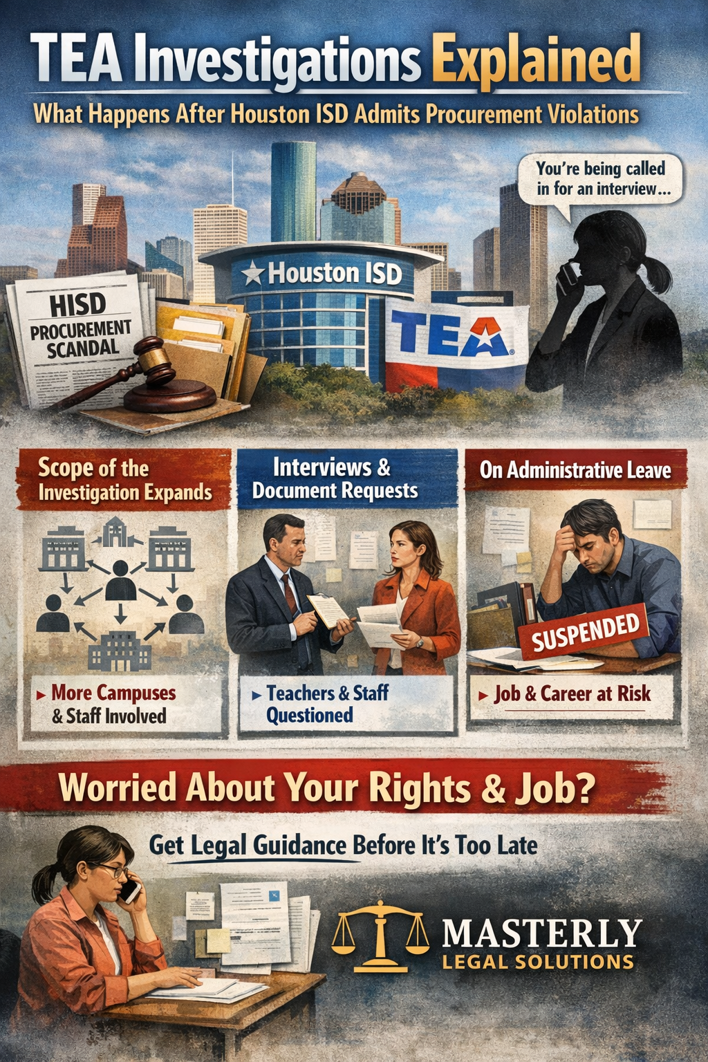 TEA Investigations Explained: What Happens After Houston ISD Admits Procurement Violations,” showing the Houston skyline and Houston ISD building with TEA branding, plus panels illustrating an expanding investigation, interviews and document requests, and an educator on administrative leave with a “Suspended” sign, ending with a call to get legal guidance from Masterly Legal Solutions.