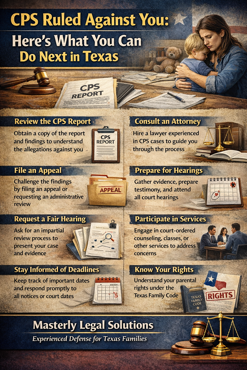 CPS Ruled Against You: Here’s What You Can Do Next in Texas” featuring a concerned mother holding a child, a gavel, and a CPS report on a desk. The graphic outlines steps including reviewing the CPS report, consulting an attorney, filing an appeal, preparing for hearings, requesting a fair hearing, participating in services, tracking deadlines, and knowing your parental rights under the Texas Family Code. It concludes with “Masterly Legal Solutions – Experienced Defense for Texas Families.