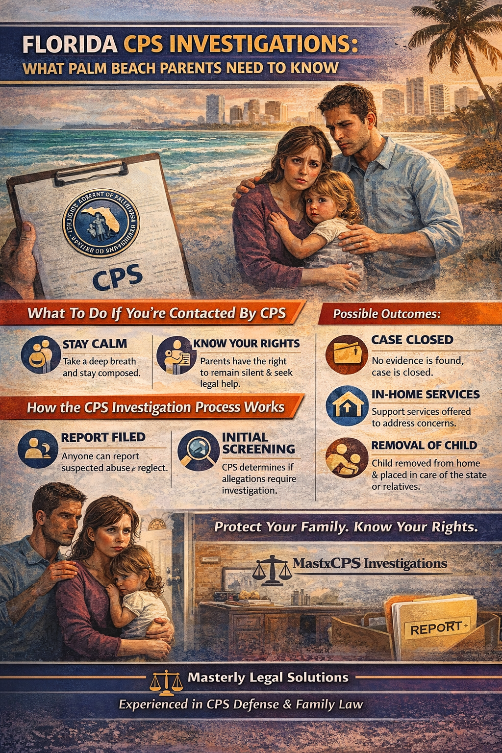 Florida CPS Investigations: What Palm Beach Parents Need to Know.” The image shows a worried mother and father holding their young child on a beach backdrop resembling West Palm Beach. A clipboard labeled “CPS” appears beside them. Sections explain what to do if contacted by CPS—stay calm and know your rights—and outline how the investigation process works, including report filed and initial screening. A sidebar lists possible outcomes such as case closed, in-home services, or removal of the child. The bottom emphasizes protecting your family and knowing your rights, with Masterly Legal Solutions branding noting experience in CPS defense and family law.