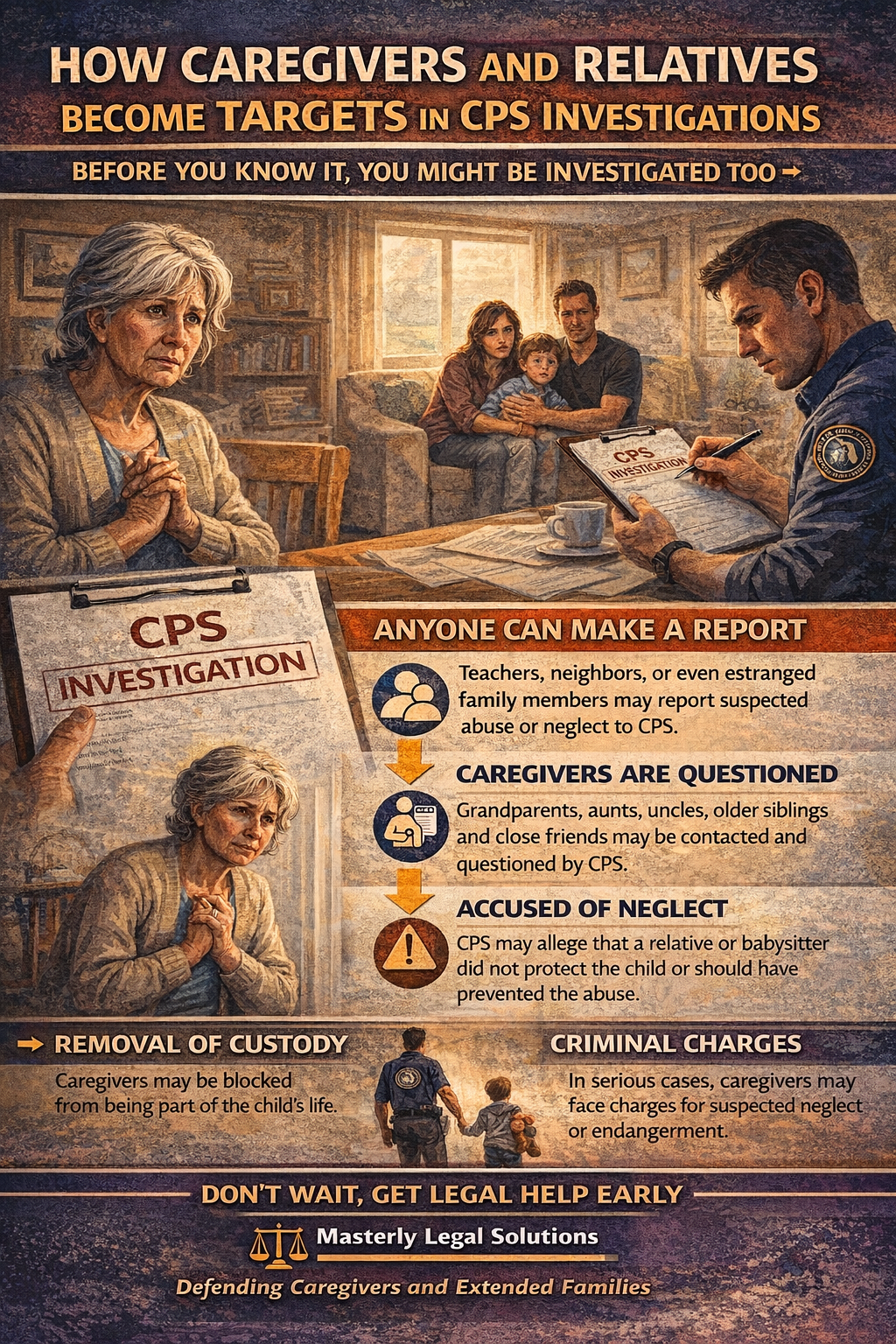 How Caregivers and Relatives Become Targets in CPS Investigations.” The image depicts a worried grandmother seated at a table with documents labeled “CPS Investigation” while a CPS worker reviews paperwork. In the background, parents sit on a couch holding a young child. The infographic explains that anyone can make a report, caregivers may be questioned, and relatives can be accused of neglect for failing to protect a child. It highlights potential consequences such as removal of custody and possible criminal charges. The bottom urges families to seek legal help early, with Masterly Legal Solutions branding focused on defending caregivers and extended families.