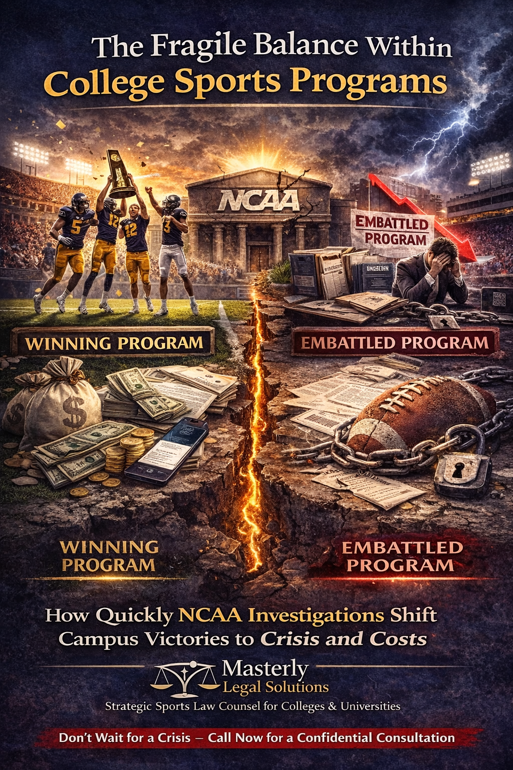 The Fragile Balance Within College Sports Programs.” The image is split down the center by a glowing crack in the ground. On the left side, under bright stadium lights and a golden sky, football players celebrate with a championship trophy in a packed stadium labeled “Winning Program.” In front of them are stacks of cash, coins, and a smartphone, symbolizing financial success and strong recruiting.
On the right side, under dark storm clouds and lightning, a distressed coach sits at a desk covered with investigation files and legal documents. A football wrapped in chains and a padlock lies nearby, along with scattered paperwork and a red downward arrow labeled “Embattled Program.” The central building behind both scenes is labeled “NCAA,” representing the investigation.
Text at the bottom reads, “How Quickly NCAA Investigations Shift Campus Victories to Crisis and Costs,” followed by the Masterly Legal Solutions logo and the tagline “Strategic Sports Law Counsel for Colleges & Universities,” with a call to action encouraging confidential consultation.