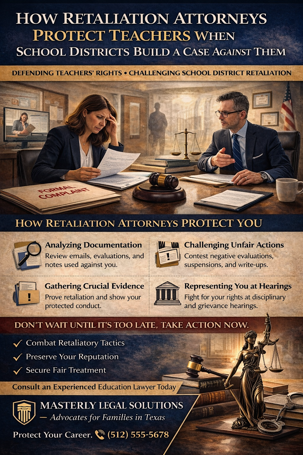 How Retaliation Attorneys Protect Teachers When School Districts Build a Case Against Them.” The image shows a stressed female teacher reviewing documents labeled “Formal Complaint” while sitting across from a male attorney in an office setting with legal symbols such as a gavel and scales of justice. The poster outlines how retaliation attorneys protect teachers by analyzing documentation, challenging unfair actions, gathering crucial evidence, and representing clients at hearings. At the bottom, Masterly Legal Solutions is identified as advocates for families in Texas, with a contact phone number displayed.