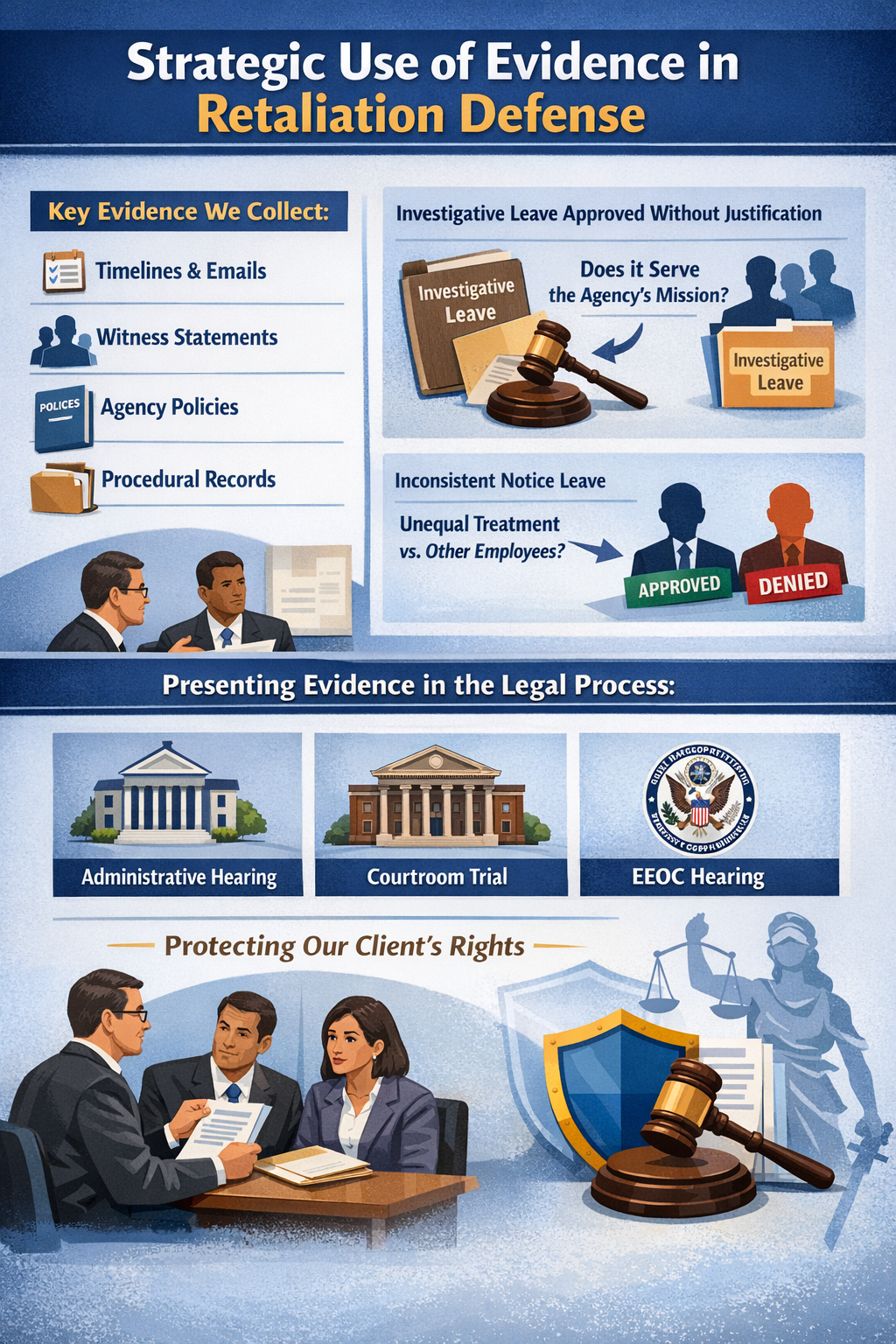 Strategic Use of Evidence in Retaliation Defense.” The graphic outlines key evidence collected in retaliation cases, including timelines and emails, witness statements, agency policies, and procedural records. It illustrates examples such as investigative leave approved without justification and inconsistent notice leave compared to other employees. The infographic also shows presenting evidence in administrative hearings, courtroom trials, and EEOC hearings, emphasizing protection of the client’s rights, with visuals of legal documents, a gavel, a courthouse, and attorneys meeting with a client.