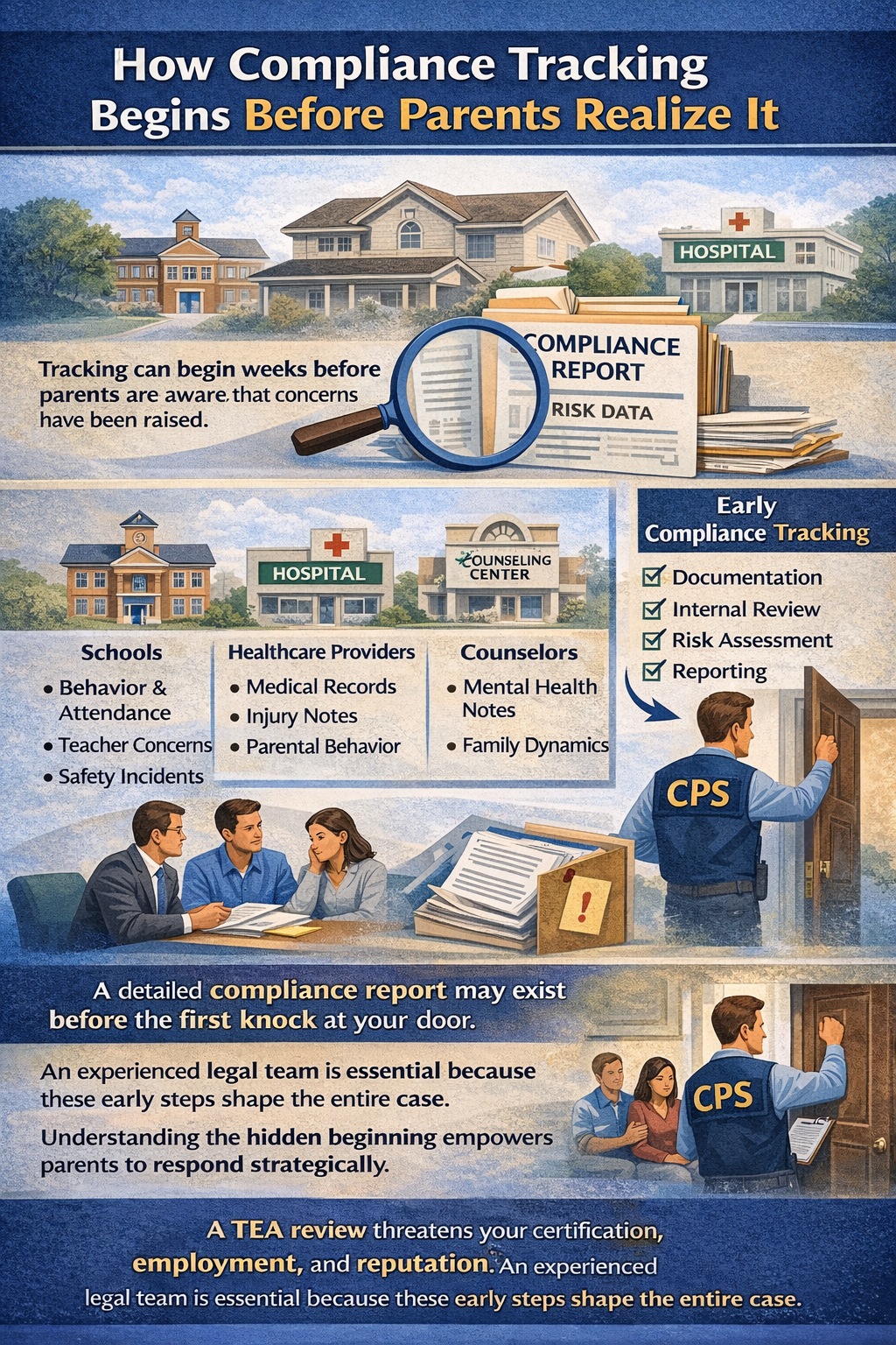 How Compliance Tracking Begins Before Parents Realize It.” The graphic explains how documentation and internal reporting can start before parents are aware of a CPS investigation. It shows schools, a hospital, and a counseling center contributing records such as behavior reports, medical notes, and mental health observations. A magnifying glass highlights a “Compliance Report” labeled with risk data. A checklist outlines early compliance tracking steps: documentation, internal review, risk assessment, and reporting. The image also depicts CPS workers knocking on a family’s door and a family meeting with an attorney, emphasizing that a detailed compliance report may exist before first contact and that early legal guidance is important.