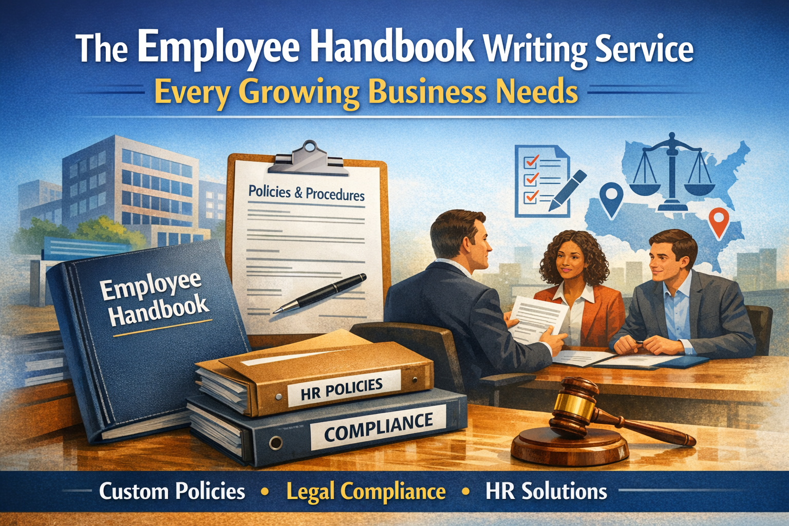 The Employee Handbook Writing Service Every Growing Business Needs” above an office scene showing a business consultation, an open employee handbook, HR policy binders, a compliance folder, and a gavel. Icons for policies, checklists, and multi-state compliance appear in the background, with a footer highlighting “Custom Policies,” “Legal Compliance,” and “HR Solutions.