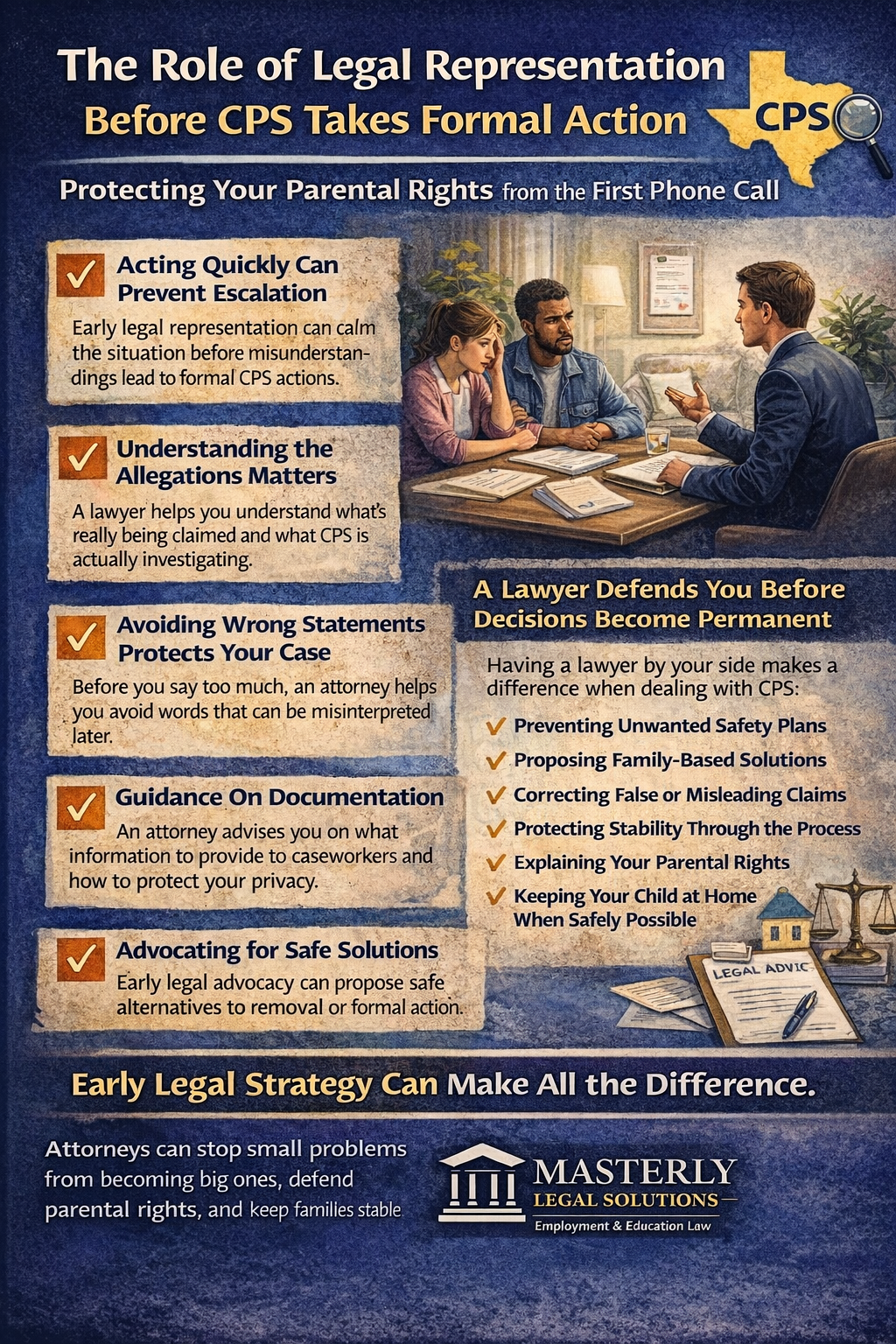 The Role of Legal Representation Before CPS Takes Formal Action,” with the subtitle “Protecting Your Parental Rights from the First Phone Call.” The design includes a Texas outline with “CPS” and a magnifying glass icon, plus an illustration of parents meeting with an attorney at a table. The infographic lists key benefits of early legal help: acting quickly to prevent escalation, understanding the allegations, avoiding damaging statements, guidance on documentation, and advocating for safe solutions. A section states “A Lawyer Defends You Before Decisions Become Permanent,” with bullet points such as preventing unwanted safety plans, correcting false or misleading claims, protecting stability, explaining parental rights, and keeping the child at home when safely possible. Masterly Legal Solutions branding appears at the bottom with the message, “Early legal strategy can make all the difference.