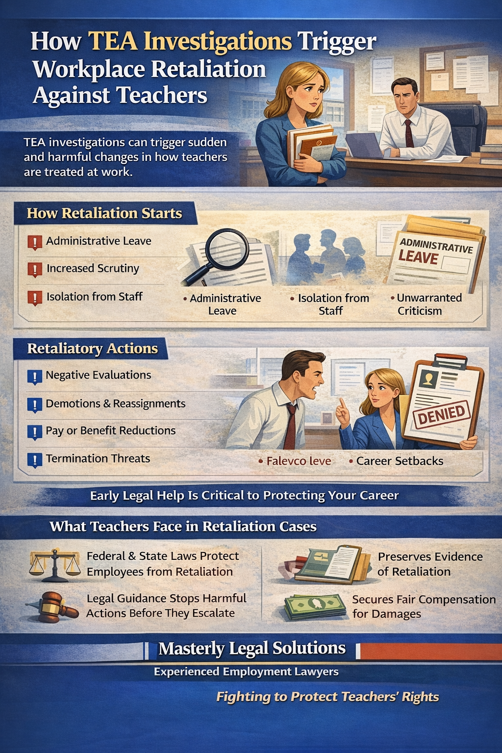 How TEA Investigations Trigger Workplace Retaliation Against Teachers’ showing a concerned teacher interacting with school administrators in a workplace setting. The graphic explains how TEA investigations can lead to retaliation, including administrative leave, increased scrutiny, isolation from staff, negative evaluations, demotions, pay or benefit reductions, and termination threats. It highlights the emotional and career impact on teachers and emphasizes that early legal help is critical to protecting employment rights. Branded by Masterly Legal Solutions.