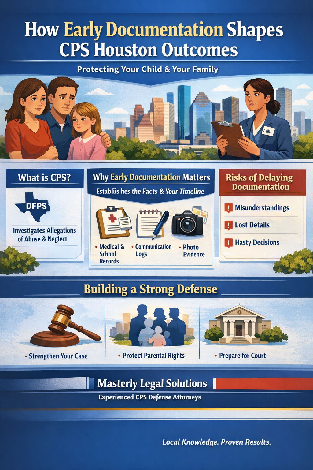How Early Documentation Shapes CPS Houston Outcomes’ showing a concerned family and a CPS caseworker against the Houston skyline. The graphic highlights why early documentation matters in CPS Houston cases, including medical and school records, communication logs, and photo evidence, and warns of risks like misunderstandings, lost details, and rushed decisions. It emphasizes building a strong legal defense, protecting parental rights, and preparing for court, branded by Masterly Legal Solutions.
