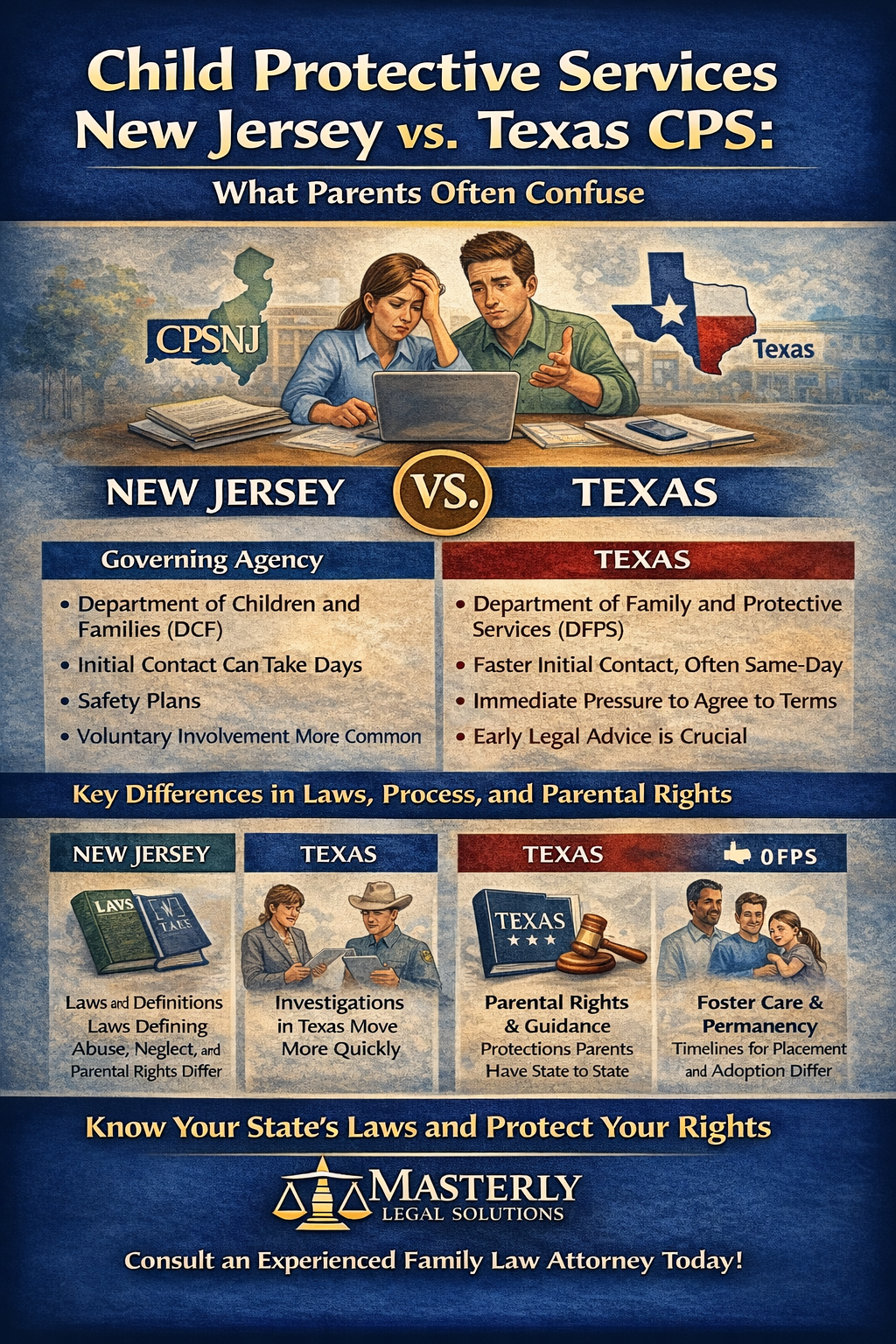 Child Protective Services New Jersey vs. Texas CPS: What Parents Often Confuse” by Masterly Legal Solutions, showing a concerned couple reviewing documents and a laptop while comparing New Jersey CPS and Texas CPS systems. The graphic highlights differences in governing agencies, investigation speed, safety plans, parental rights, and foster care timelines, with state icons, legal imagery, and a call to consult an experienced Texas family law attorney.