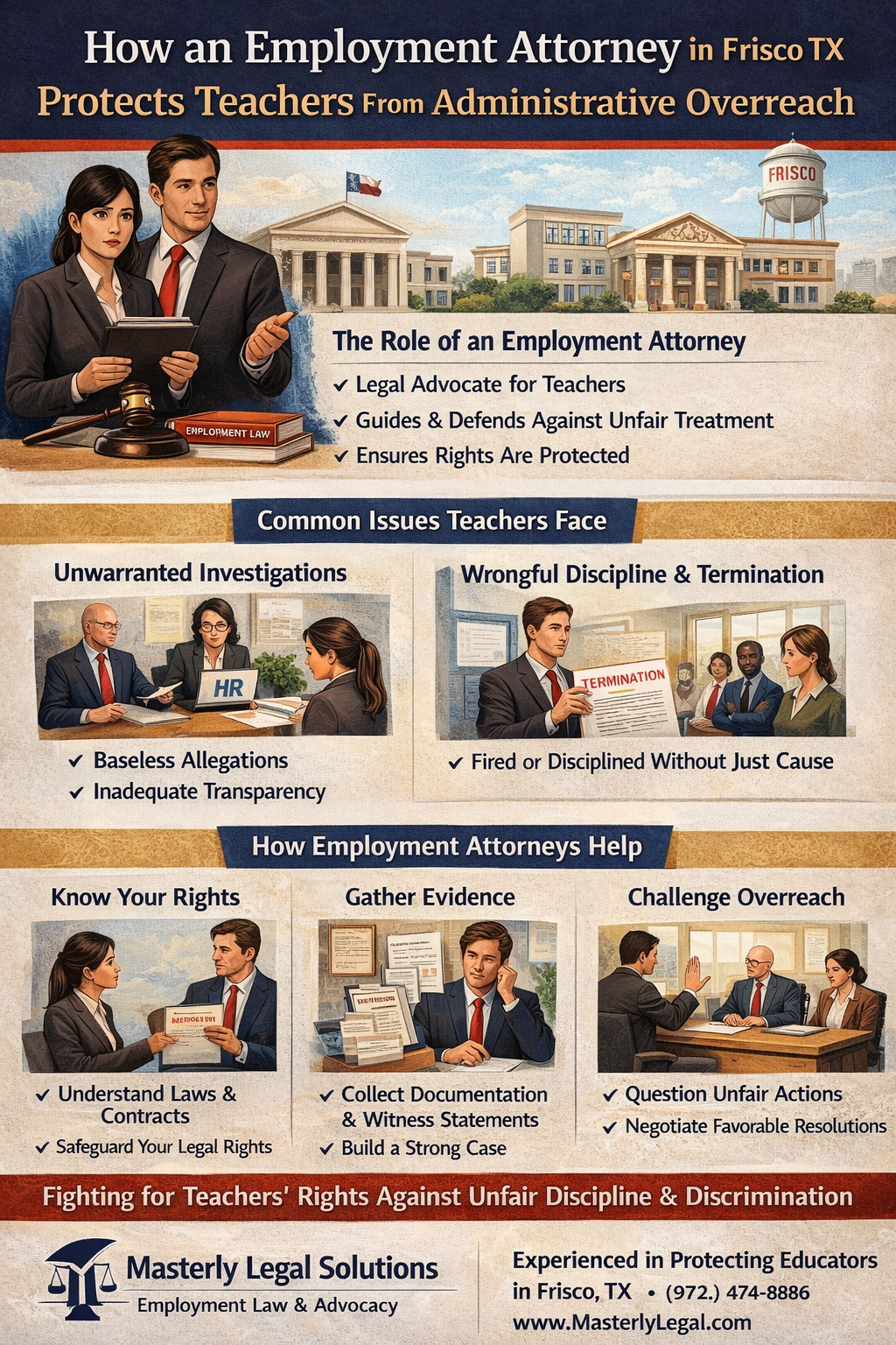 Illustration showing a teacher meeting with an employment attorney in Frisco, Texas, symbolizing legal protection against administrative overreach in school districts, including unfair investigations, discipline, discrimination, and wrongful termination, with emphasis on safeguarding educators’ rights, careers, and professional reputations.