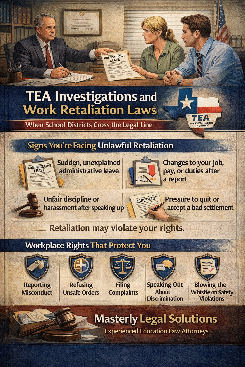 TEA Investigations and Work Retaliation Laws: When School Districts Cross the Legal Line” showing a tense administrative meeting where a school official hands a teacher an “Administrative Leave” notice, with a Texas Education Agency graphic, a list of retaliation warning signs (sudden leave, job or pay changes, unfair discipline, pressure to quit), and workplace rights that protect employees, branded by Masterly Legal Solutions.