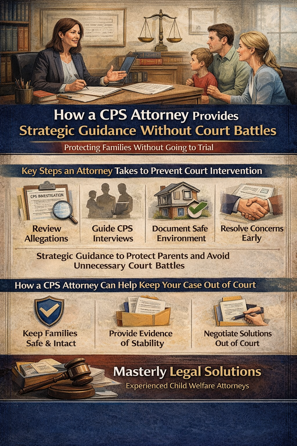 How a CPS Attorney Provides Strategic Guidance Without Court Battles” showing a CPS attorney meeting with a family, highlighting key steps like reviewing allegations, guiding CPS interviews, documenting a safe home environment, and resolving concerns early, with icons emphasizing keeping families safe, providing evidence of stability, and negotiating solutions outside of court, branded by Masterly Legal Solutions.