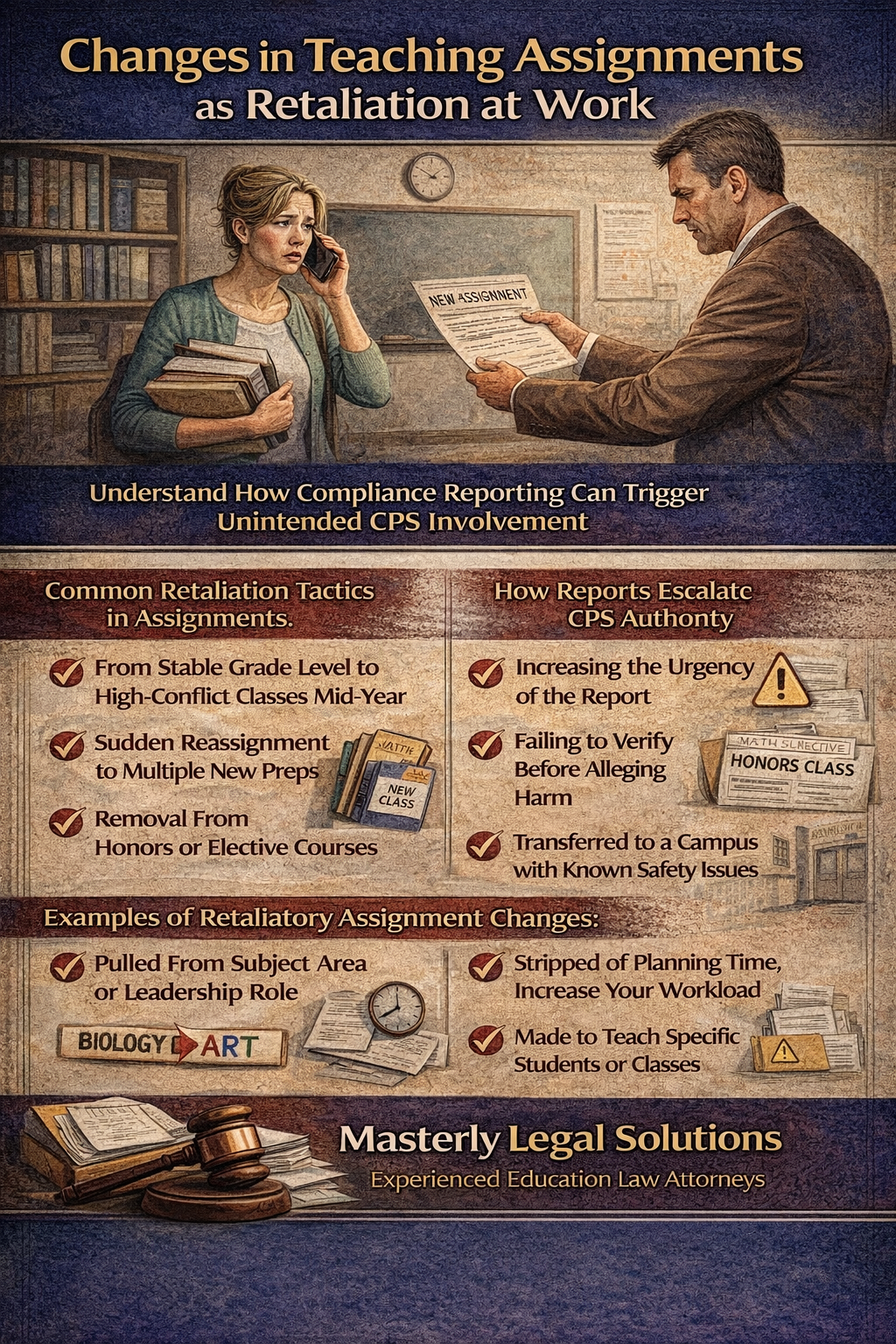 Changes in Teaching Assignments as Retaliation at Work” showing a stressed teacher being handed a new assignment by an administrator, with sections explaining common retaliatory reassignment tactics—such as increased preps, removal from honors or electives, loss of planning time, and transfers to high-conflict classes—branded by Masterly Legal Solutions.