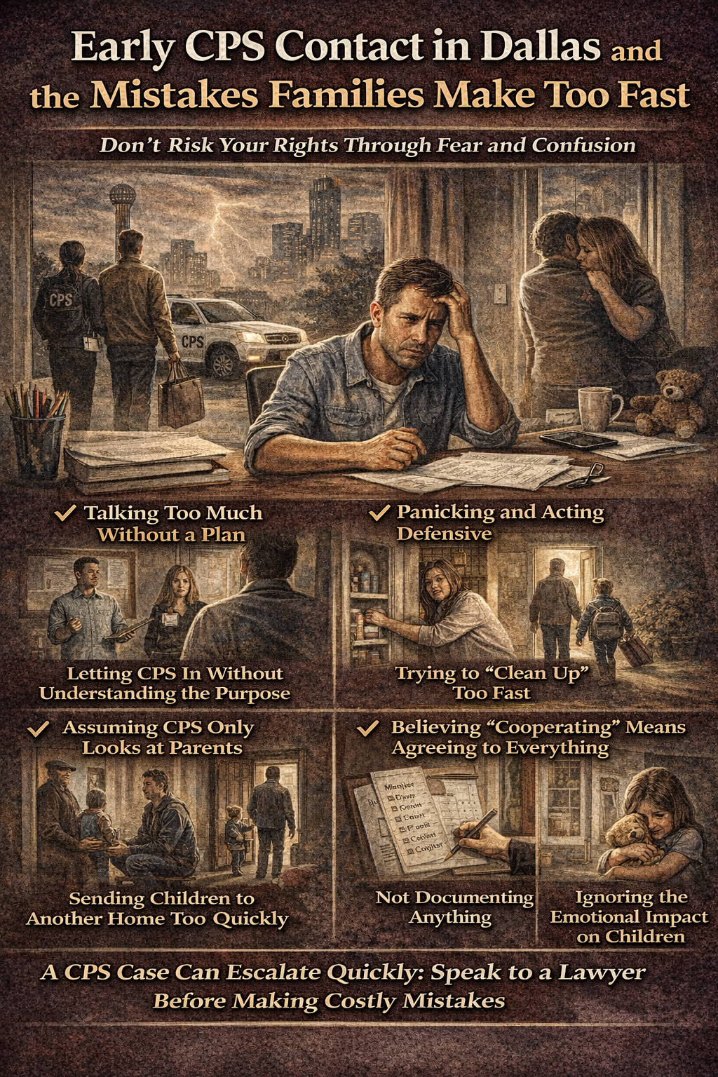 Early CPS Contact in Dallas and the Mistakes Families Make Too Fast” showing a worried father sitting at a table with paperwork while CPS workers and a CPS vehicle appear outside in the background. Smaller panels highlight common early mistakes, including talking too much without a plan, panicking and acting defensive, letting CPS into the home without understanding the purpose, trying to “clean up” too fast, assuming CPS only looks at parents, sending children to another home too quickly, believing cooperating means agreeing to everything, not documenting anything, and ignoring the emotional impact on children. Bottom text warns that CPS cases can escalate quickly and encourages families to speak with a lawyer before making costly mistakes.