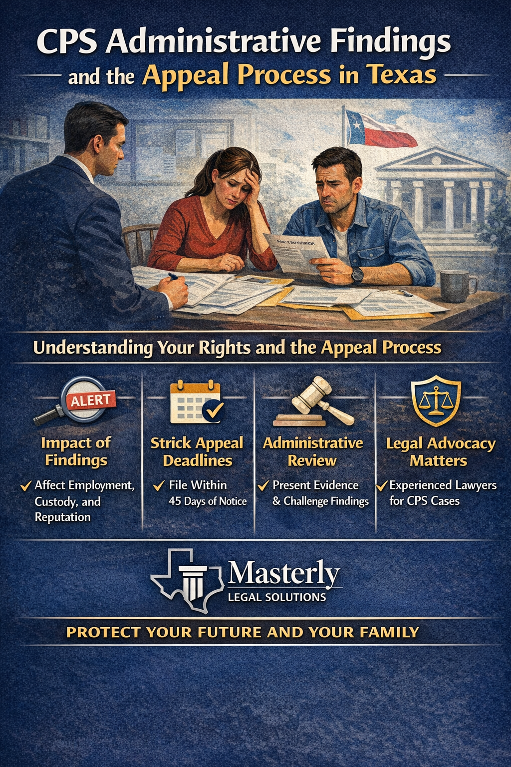Educational graphic explaining CPS administrative findings and the Texas appeal process, showing parents reviewing CPS determination paperwork with an attorney, highlighting appeal deadlines, evidence review, and how adverse findings can affect custody, employment, and future CPS involvement.