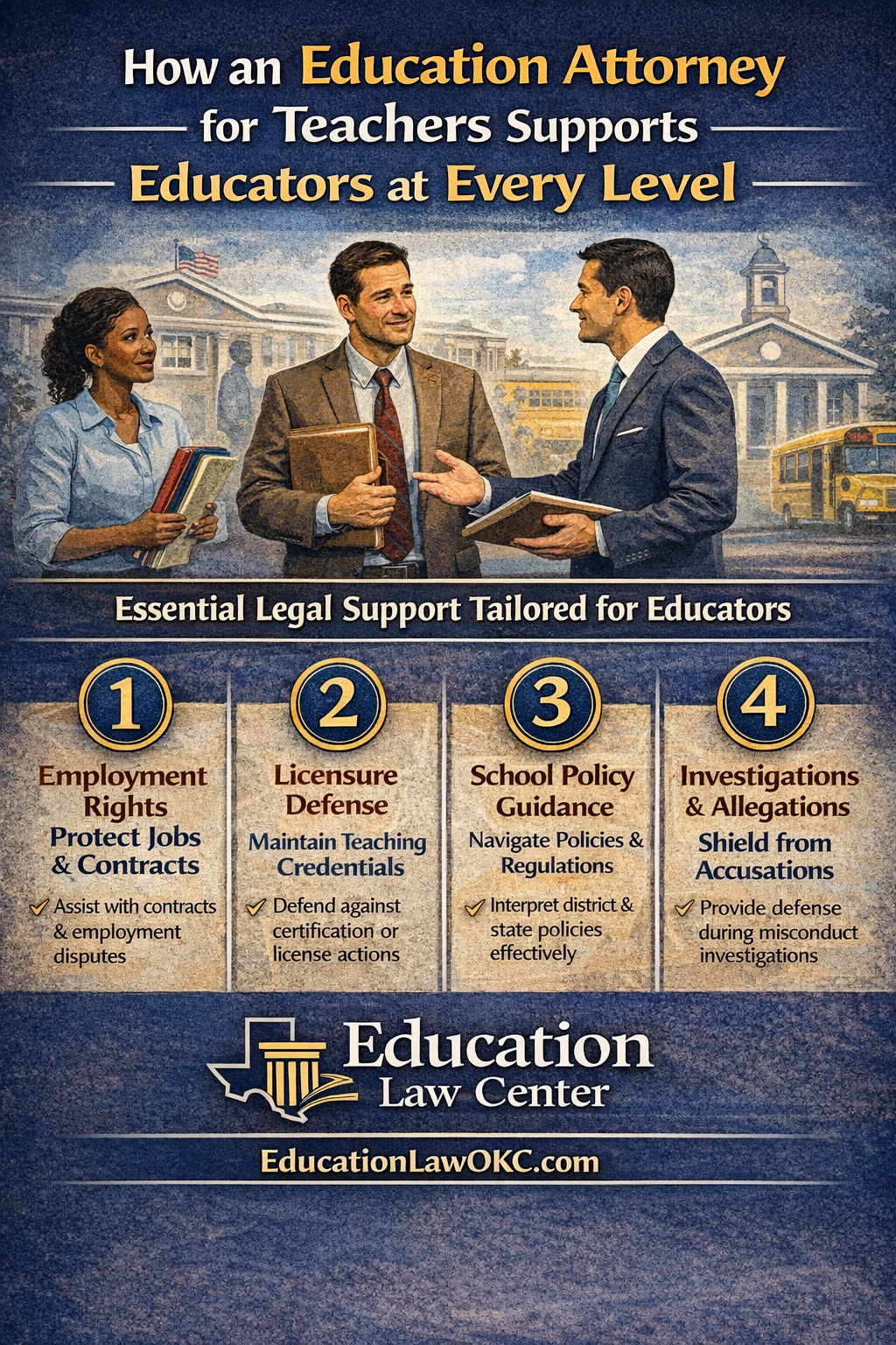 Infographic showing how an education attorney for teachers supports educators at every level, featuring teachers and a lawyer discussing legal guidance related to employment rights, licensure defense, school policy compliance, and protection during investigations within Texas schools.
