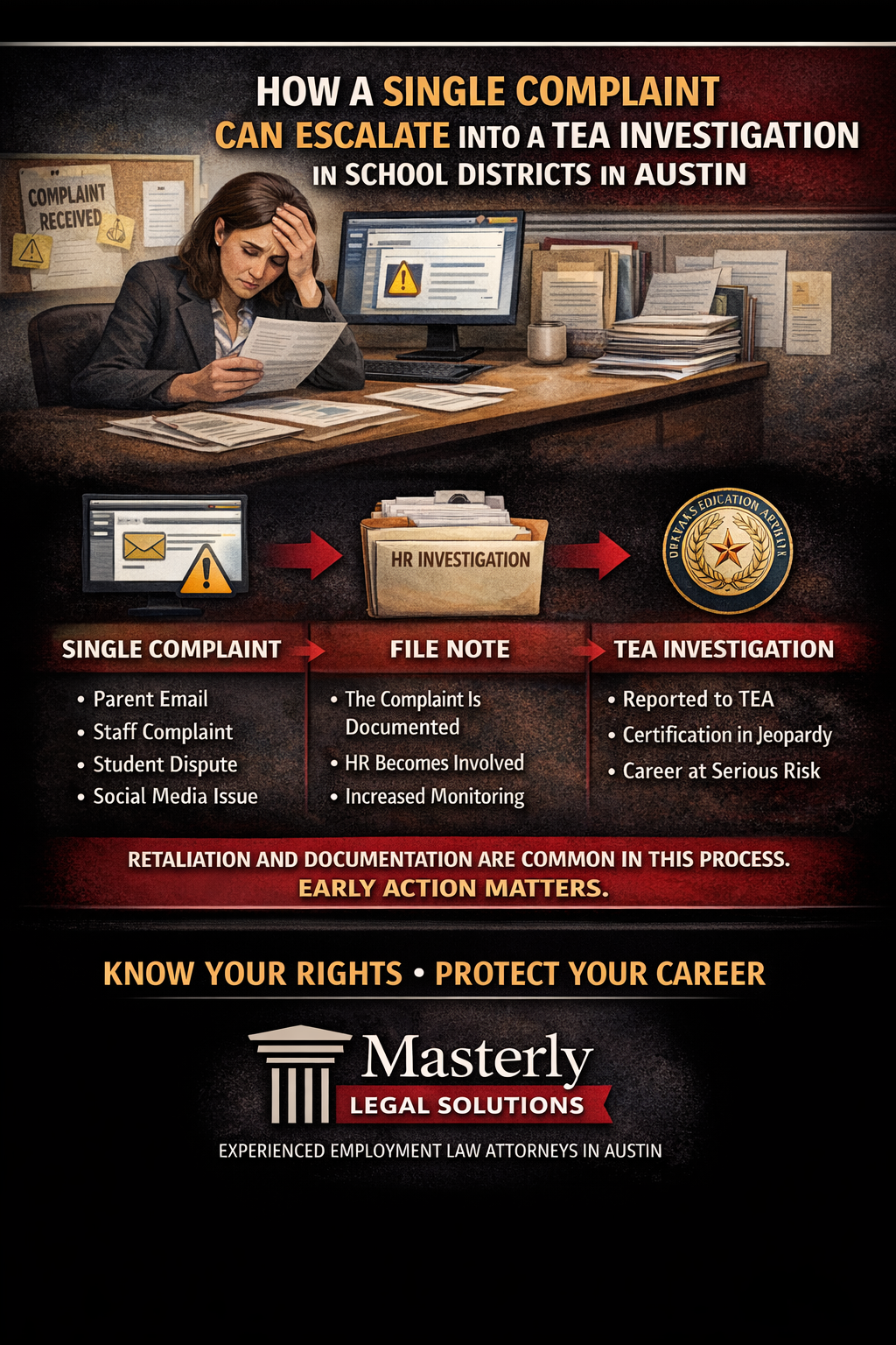 How a Single Complaint Can Escalate Into a TEA Investigation in School Districts in Austin” showing a stressed teacher reviewing paperwork at a desk. A flowchart illustrates the escalation process from “Single Complaint” to “File Note” to “TEA Investigation,” with warnings about HR involvement, increased monitoring, certification risk, and career consequences. The graphic includes the message “Retaliation and documentation are common in this process. Early action matters,” and features the Masterly Legal Solutions logo at the bottom.