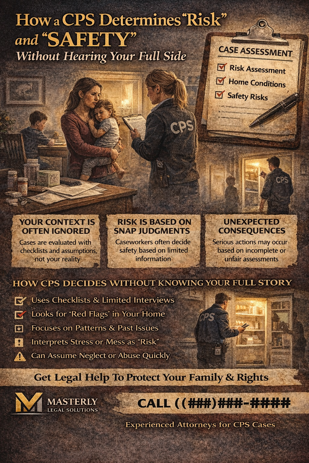 How CPS Determines ‘Risk’ and ‘Safety’ Without Hearing Your Full Side,” showing a CPS caseworker interviewing a worried parent holding a child inside a home, alongside a checklist labeled “Case Assessment,” explaining that CPS decisions can be based on limited interviews, home condition observations, past patterns, and quick judgments that may ignore context, and encouraging families to get legal help from Masterly Legal Solutions.