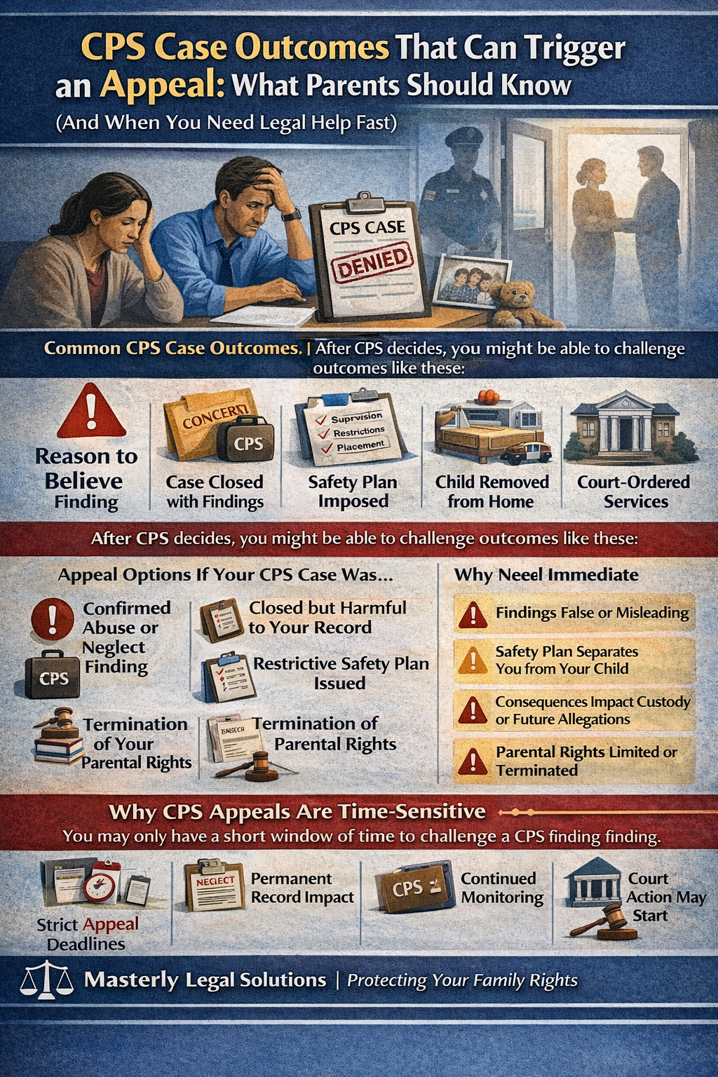Infographic titled “CPS Case Outcomes That Can Trigger an Appeal: What Parents Should Know (Before It’s Too Late)” showing worried parents facing a CPS case decision. It explains which CPS outcomes may warrant an appeal, including a “reason to believe” finding, a case closed with damaging findings, a restrictive safety plan, removal of a child from the home, and court-ordered restrictions. It also lists additional serious labels such as confirmed abuse or neglect, safety plan separation or supervised contact, a negative “unable to determine” outcome, and termination of parental rights. The infographic emphasizes urgency due to strict deadlines, permanent record impact, and ongoing family consequences, and encourages speaking with an experienced CPS defense attorney, branded with Masterly Legal Solutions.