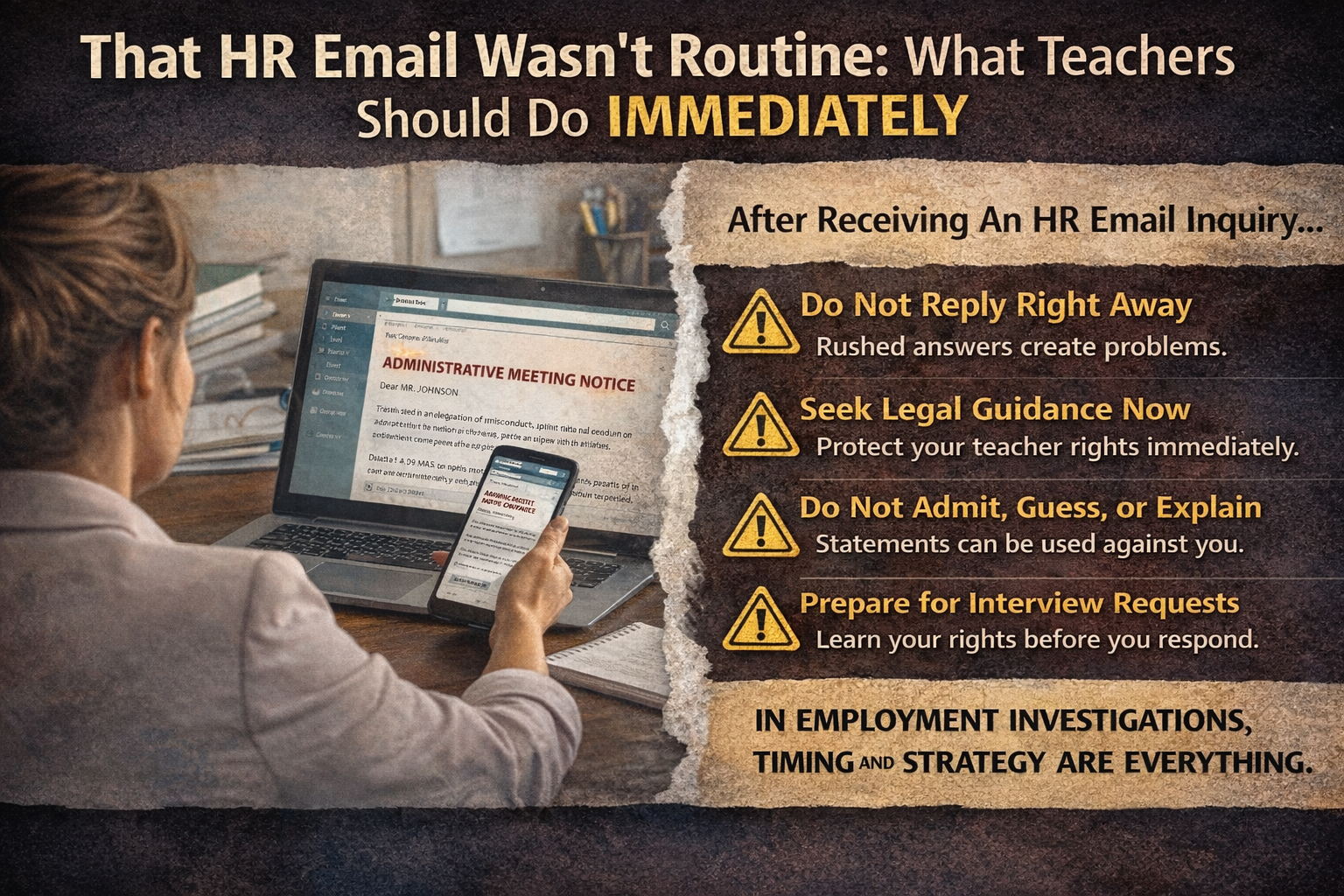 Infographic showing a teacher reading an urgent HR investigation email with steps to take immediately, including not replying yet, consulting a lawyer, and gathering records.