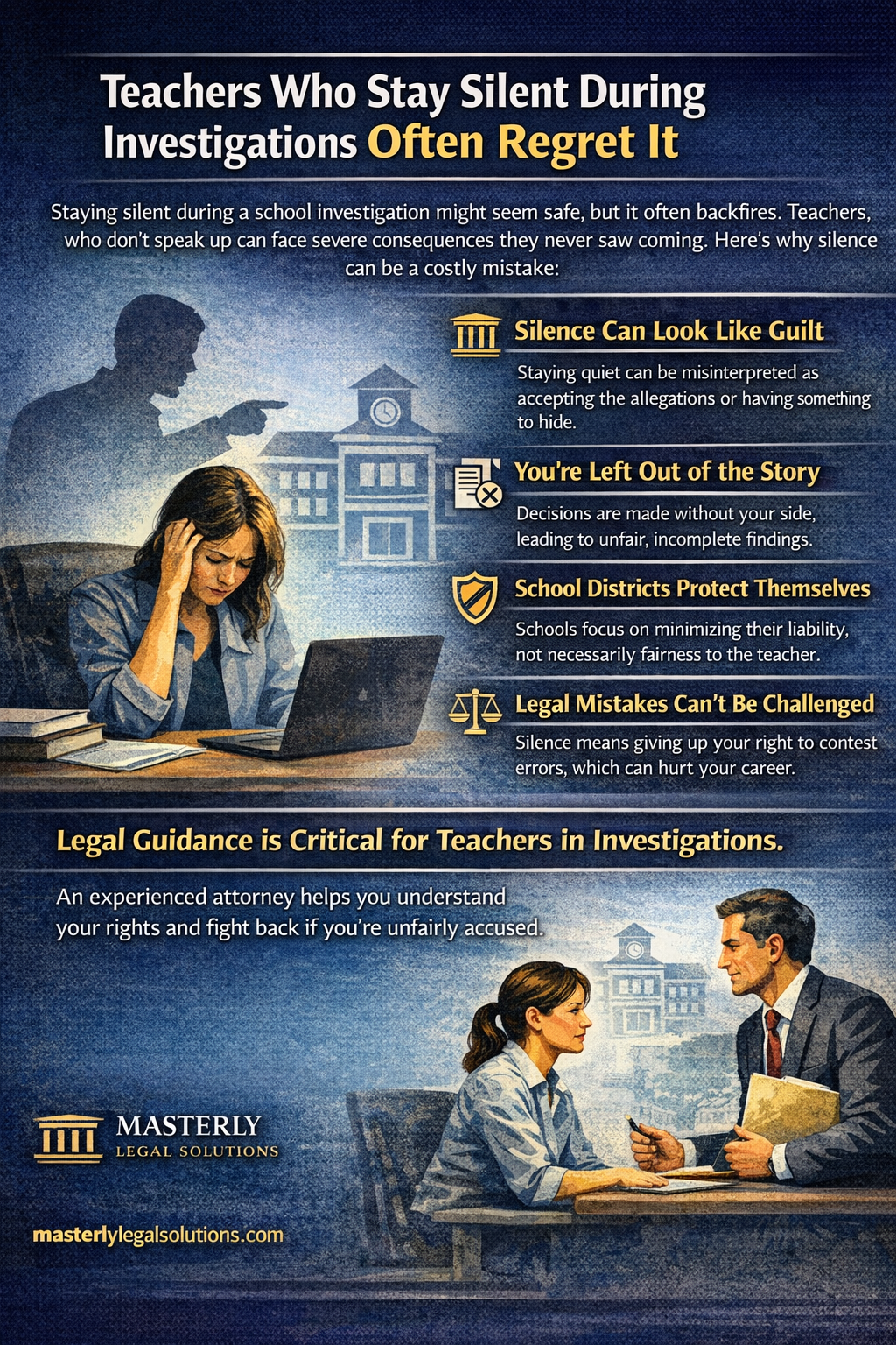 Teachers Who Stay Silent During Investigations Often Regret It,” showing a stressed teacher at a desk during a school investigation and an attorney advising an educator. The image explains how remaining silent can be misinterpreted as guilt, exclude teachers from decisions, and limit their ability to challenge errors, emphasizing the importance of legal guidance and understanding teachers’ rights during school investigations.