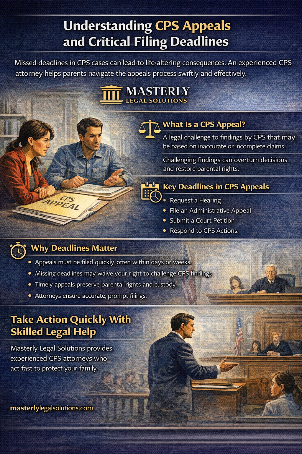 Understanding CPS Appeals and Critical Filing Deadlines,” showing parents reviewing CPS appeal documents with an attorney and a courtroom scene. The image explains what a CPS appeal is, highlights key filing deadlines, and emphasizes that missing deadlines can affect parental rights, custody, and family stability, underscoring the importance of timely legal action in CPS cases.