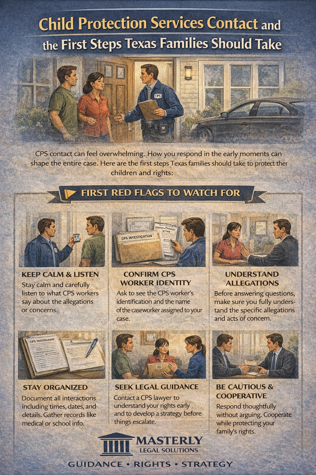 Child Protection Services Contact and the First Steps Texas Families Should Take” showing a CPS worker speaking with parents at their home and outlining early steps such as staying calm, confirming CPS worker identification, understanding allegations, documenting interactions, seeking legal guidance, and cooperating carefully to protect parental rights, branded with Masterly Legal Solutions.