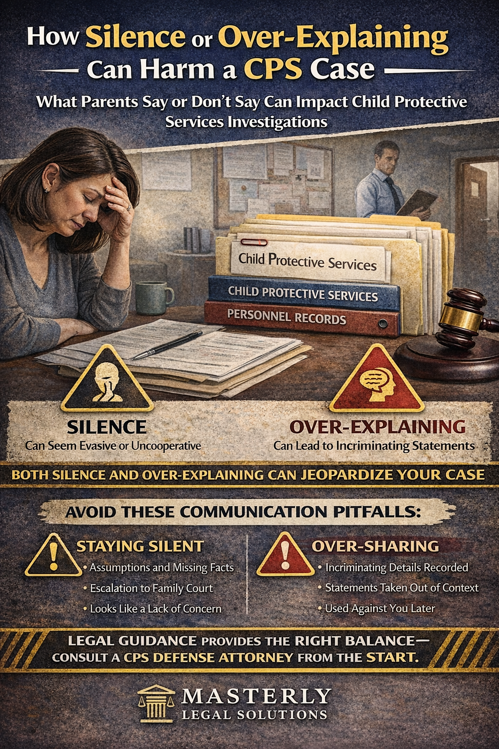Infographic showing a stressed parent and CPS files, warning that both silence and over-explaining during a Child Protective Services investigation can harm a case.