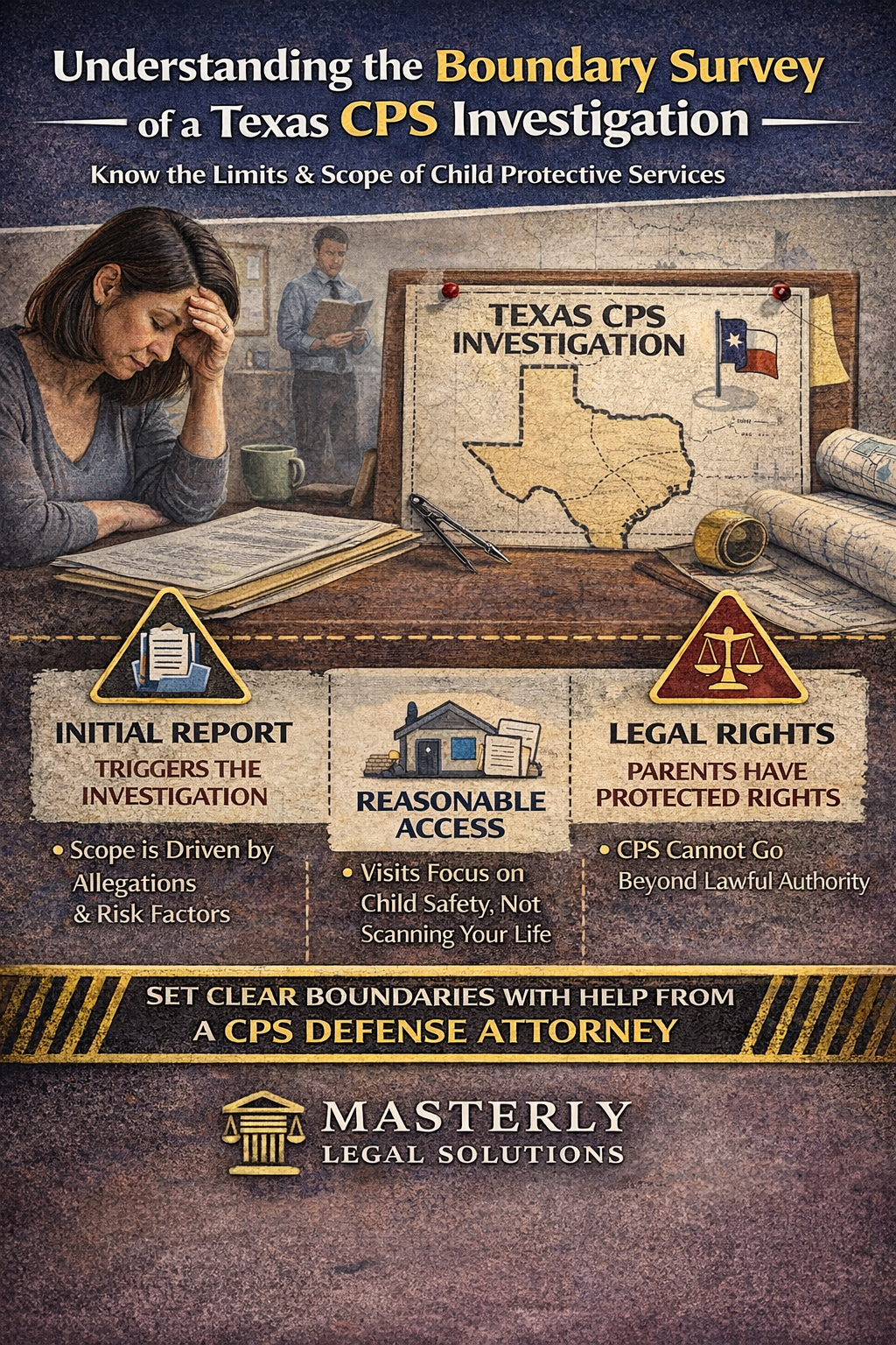 Infographic showing how compliance reports in schools, healthcare, regulatory agencies, and workplaces can lead to early Texas CPS investigations, with warning icons highlighting overlooked risks for families.