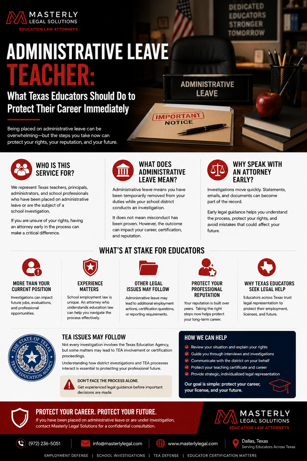 Texas school administrative office with educator documents and legal themes representing administrative leave for teachers and the importance of protecting teaching careers through experienced legal representation.