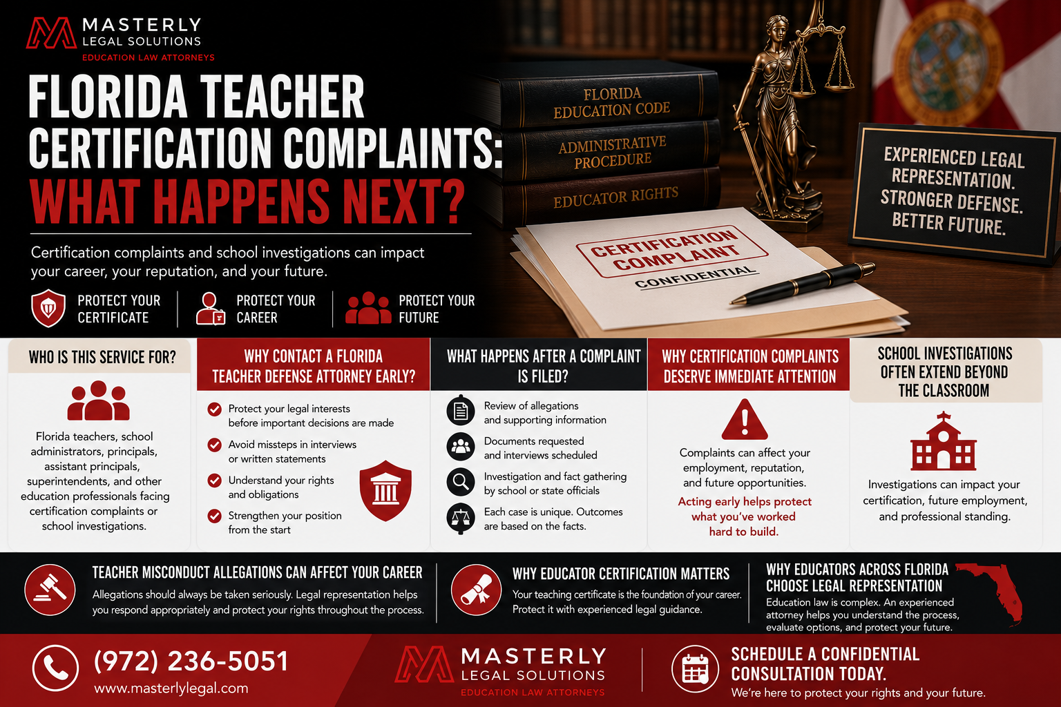 Florida teacher reviewing a certification complaint with an education law attorney during a school investigation.