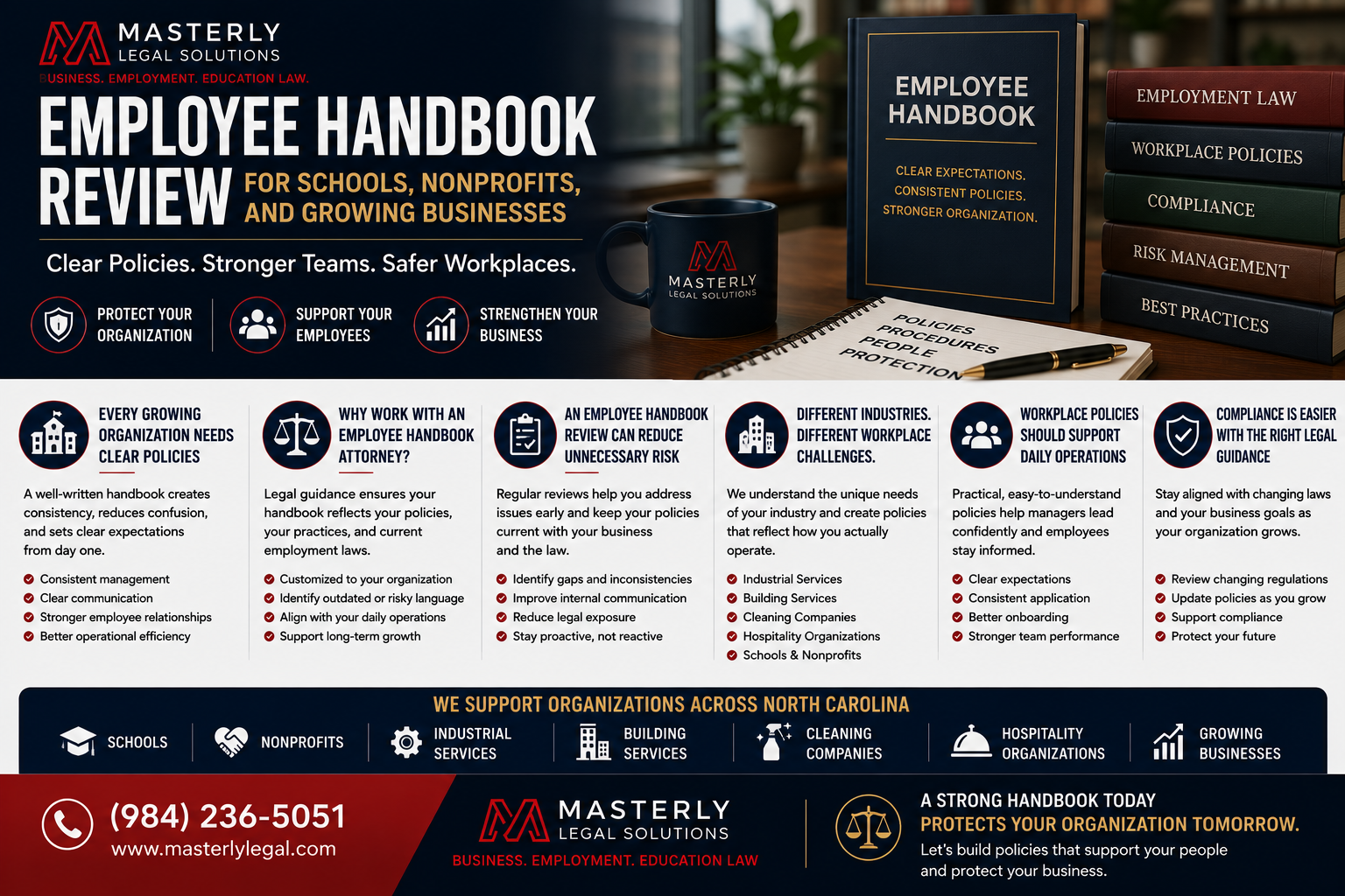 Employee handbook review meeting for schools, nonprofits, and growing businesses with workplace policy and compliance documents.