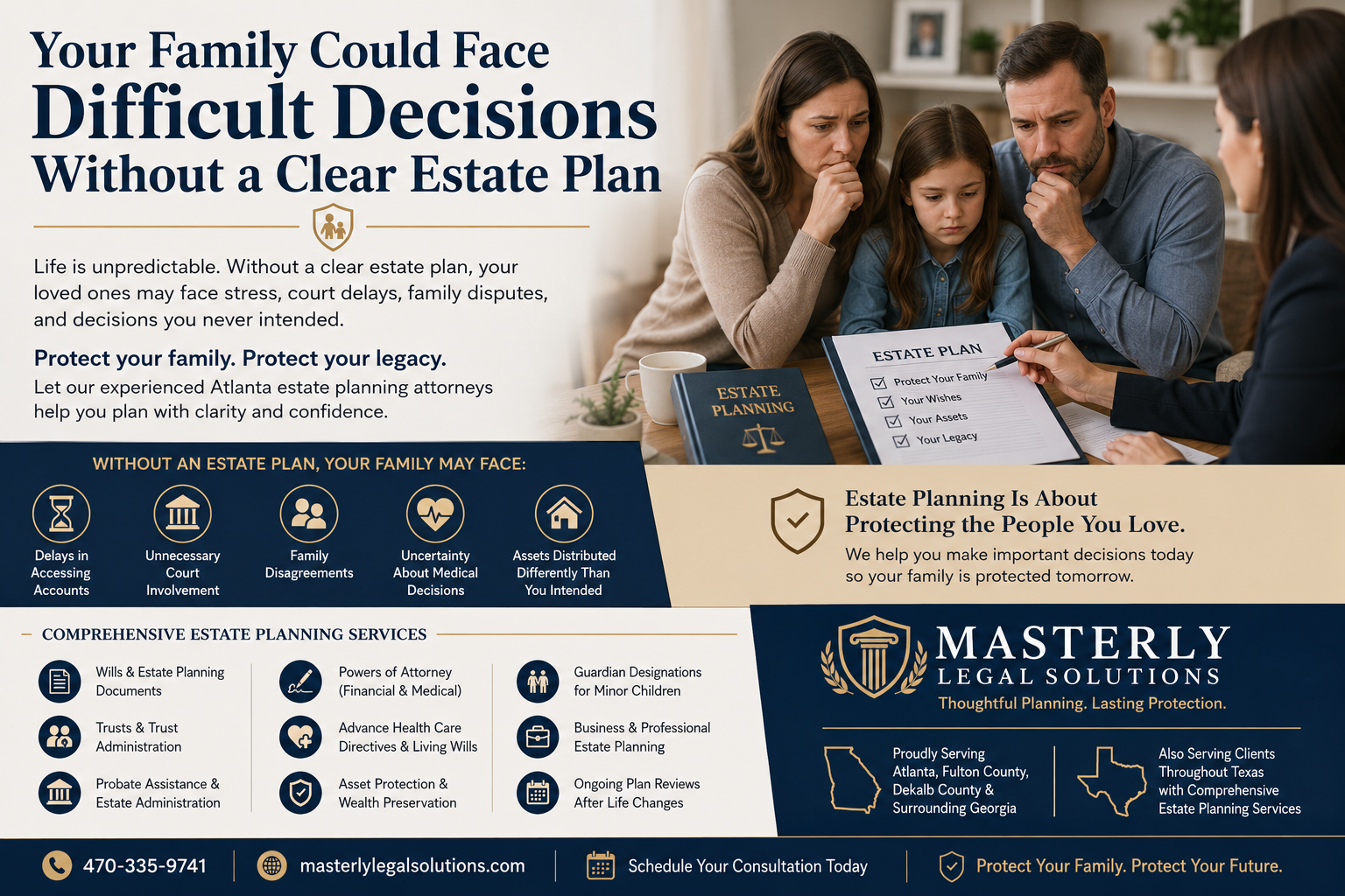 Family meeting with an Atlanta estate planning attorney discussing wills, trusts, powers of attorney, and estate planning documents to protect loved ones and secure their future.