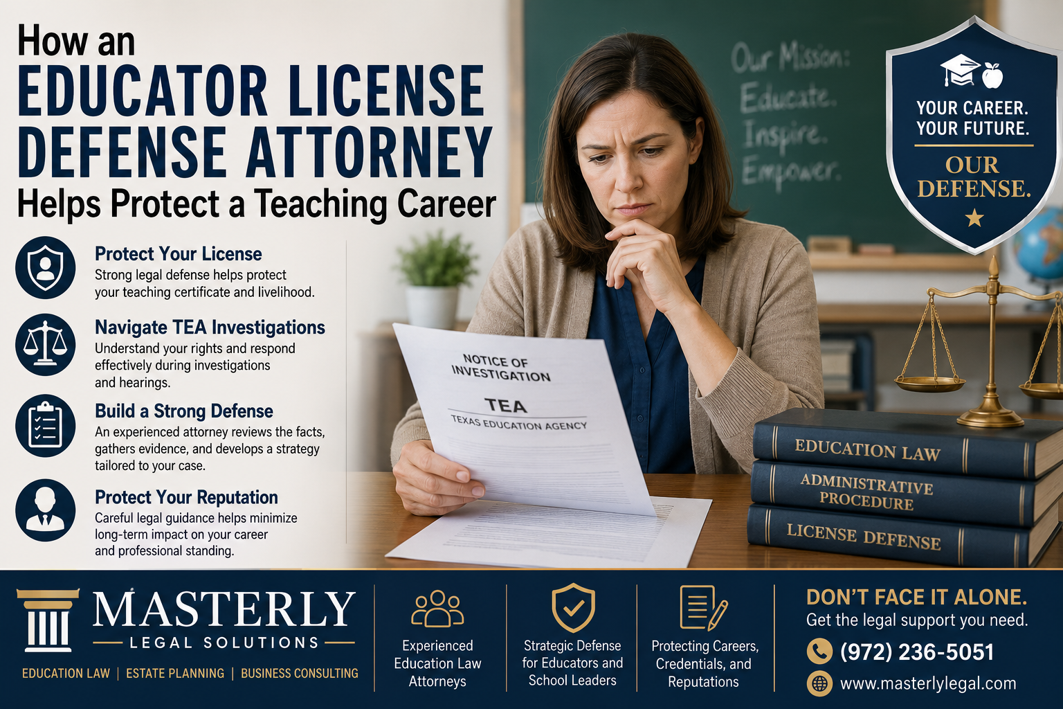 Educator reviewing a TEA investigation notice with an education law attorney theme representing educator license defense services.