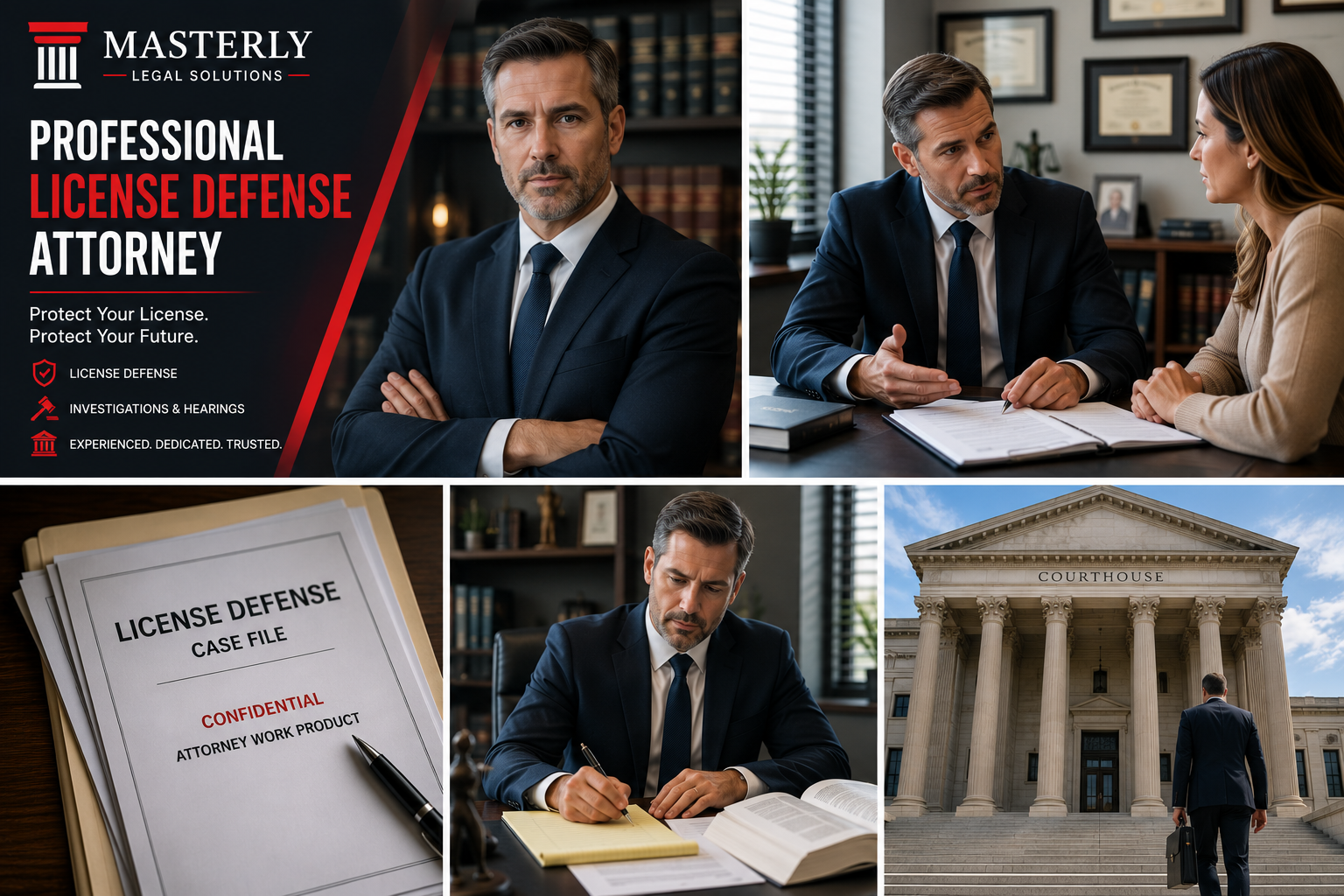 Branded Masterly Legal Solutions graphic featuring a professional license defense attorney consulting with a client, reviewing legal case files, preparing defense strategies, and representing licensed professionals.