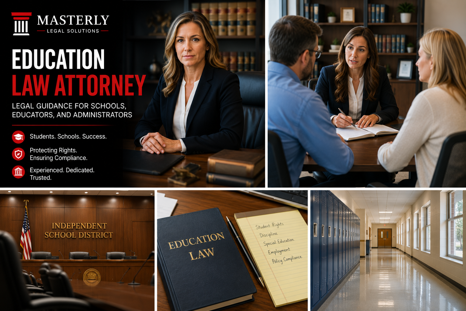 Branded Masterly Legal Solutions graphic featuring an education law attorney consulting with educators, reviewing education law documents, and providing legal guidance for schools, administrators, and education professionals.