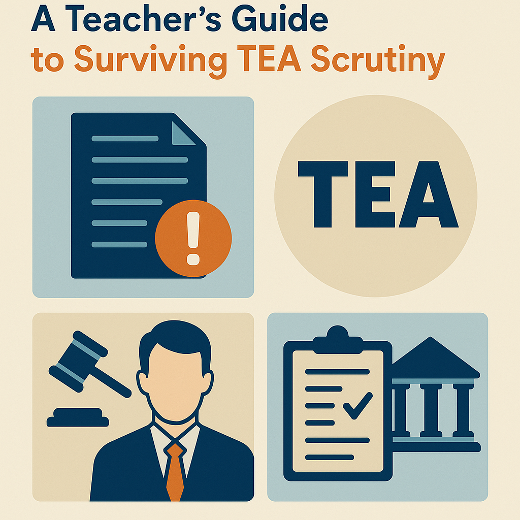 Digital infographic titled “From Allegation to Resolution: A Teacher’s Guide to Surviving TEA Scrutiny.” The design is divided into four sections: a document icon with an orange exclamation mark, a large beige circle with the text “TEA,” a male figure in a suit with a gavel symbolizing legal proceedings, and a clipboard with a checkmark in front of a courthouse silhouette. The color scheme combines blue, orange, and beige tones.
Ask ChatGPT