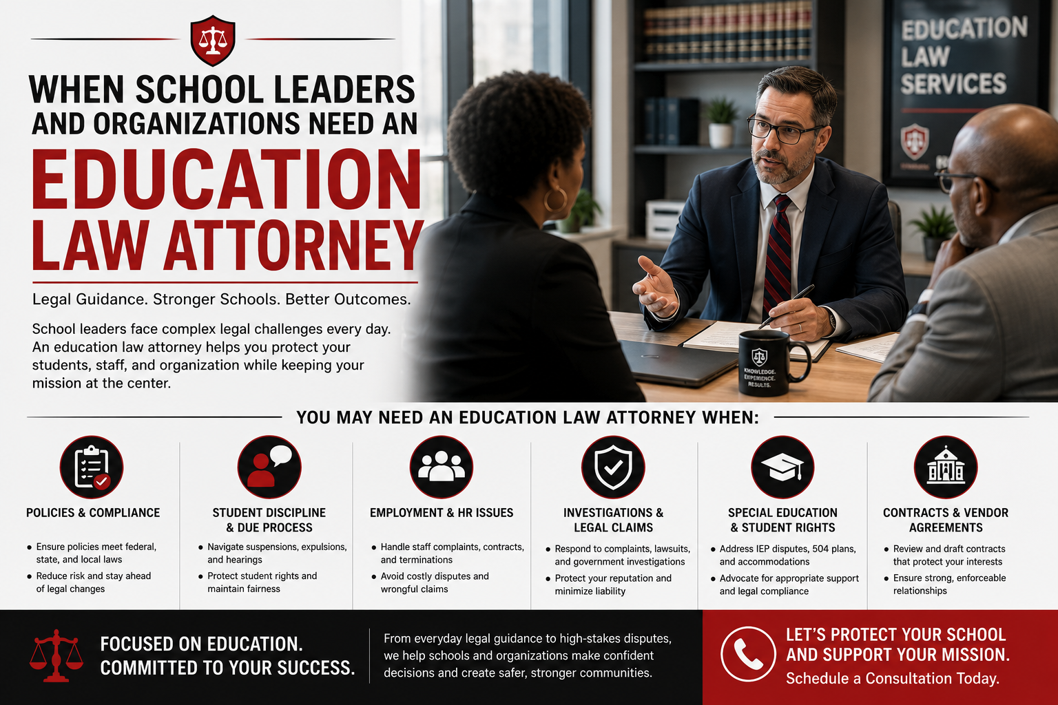School administrators meeting with an education law attorney to discuss compliance, student discipline, employment issues, investigations, and legal risk management.