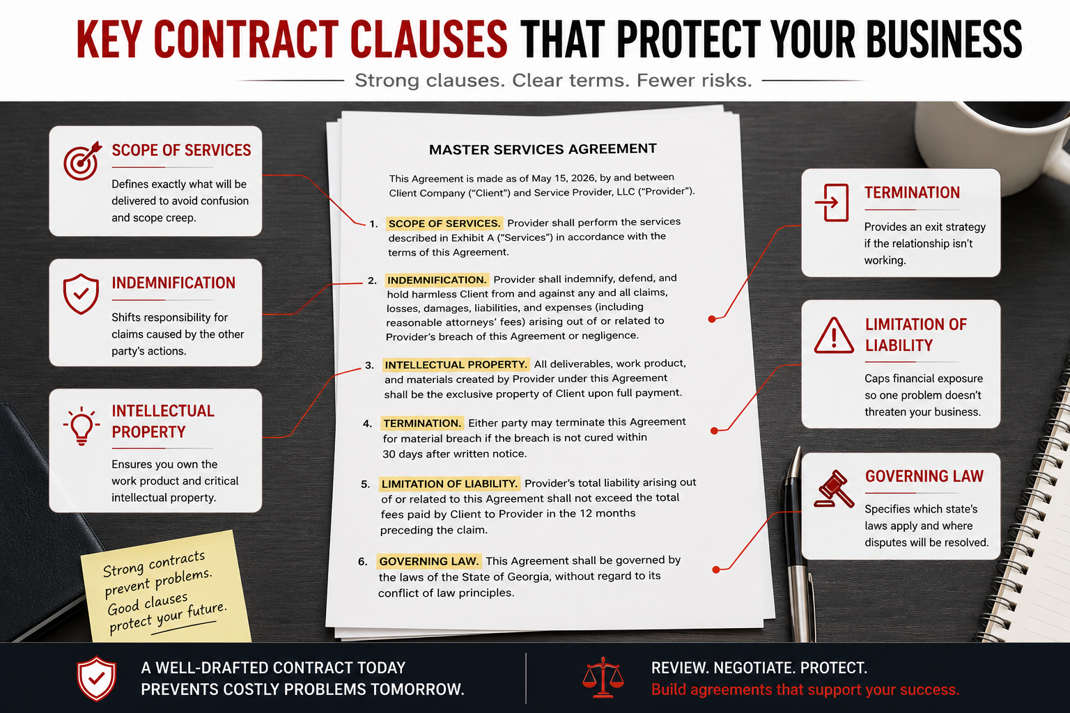 business contract clauses to review before signing
