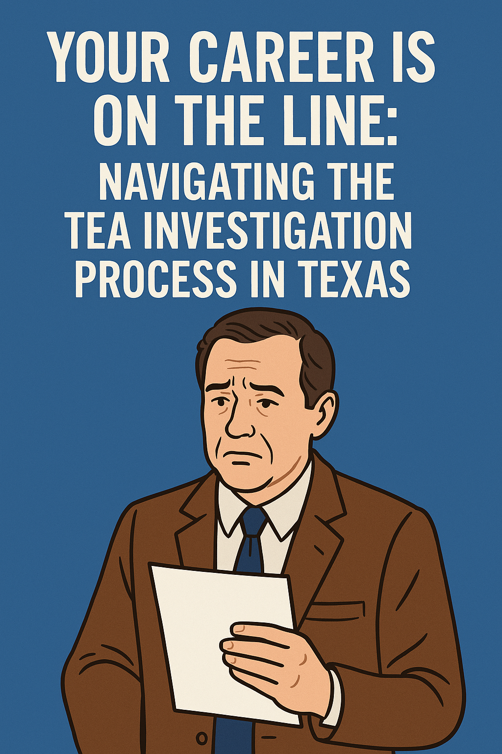 Illustration of a serious-looking middle-aged male teacher in a brown suit, holding a document in both hands, set against a solid blue background. Above him, large white text reads:
