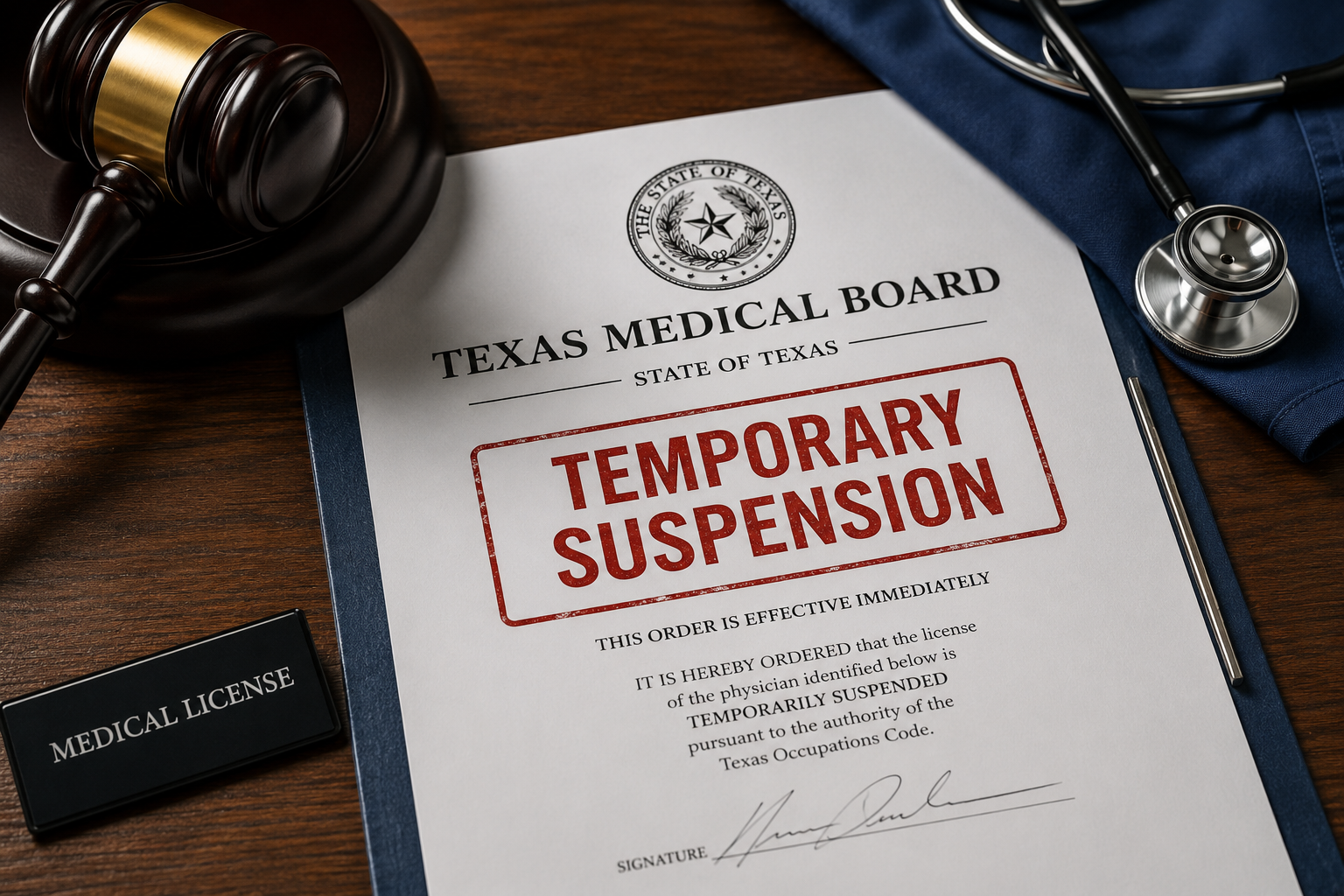 premium realistic Texas Medical Board temporary suspension visual