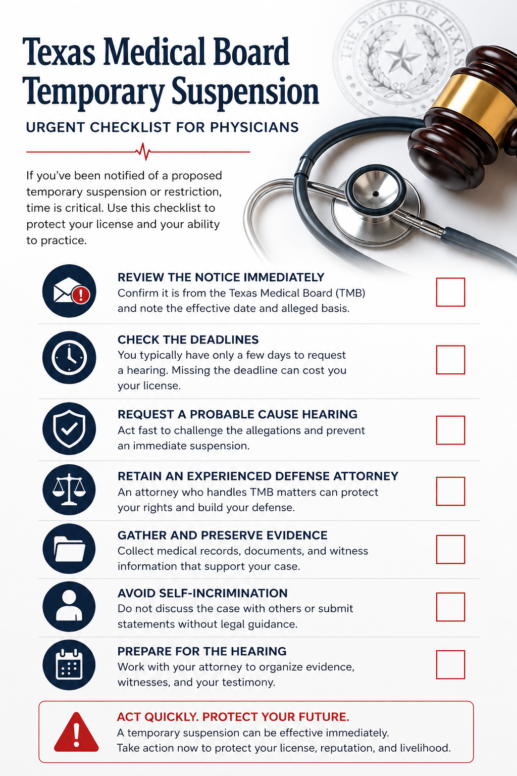 checklist graphic forTexas Medical Board temporary suspension