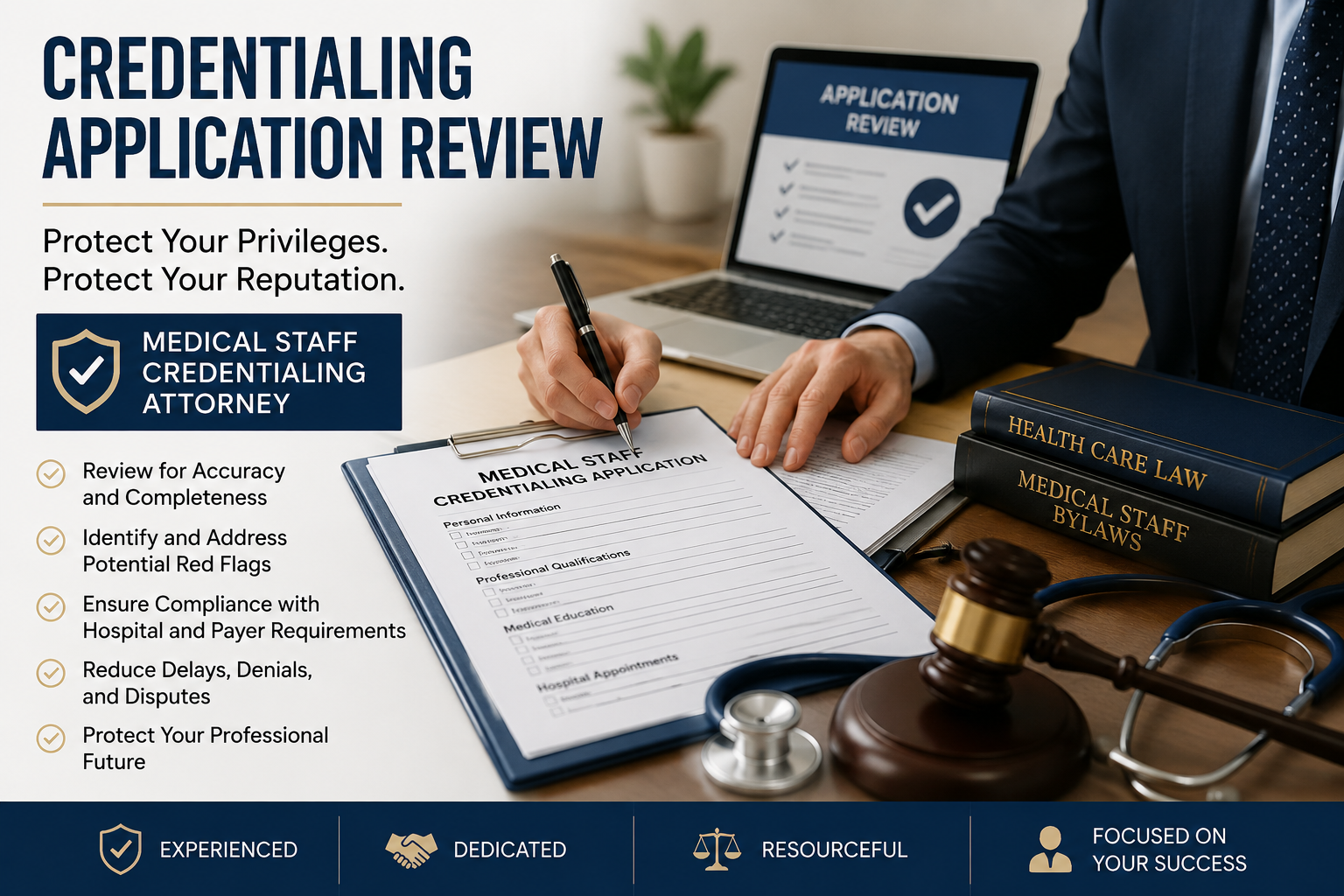 Credentialing application review; medical staff credentialing attorney