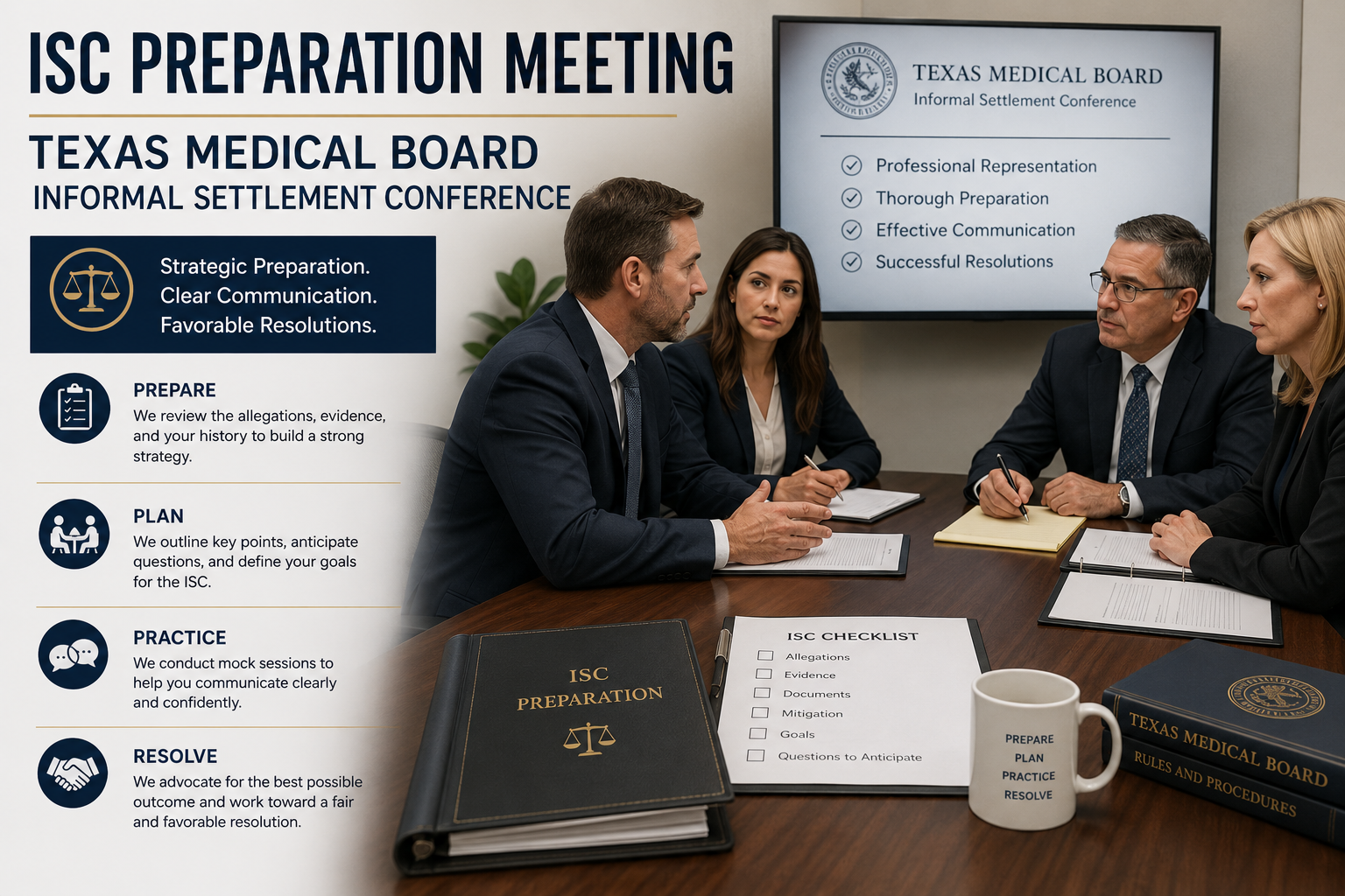 ISC preparation meeting; Texas Medical Board informal settlement conference